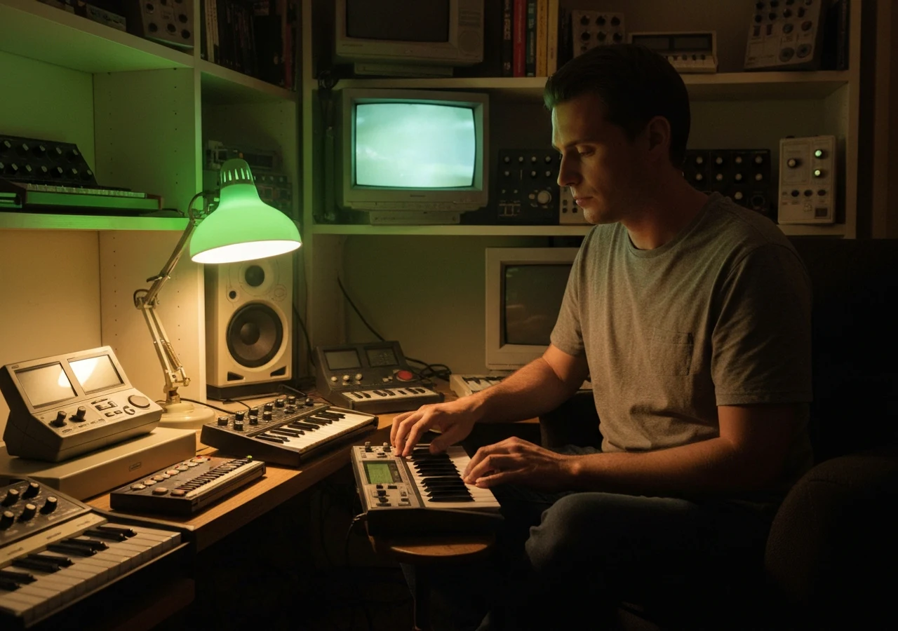 Retro music hobbyist arranging chip melody blocks in a dark workspace