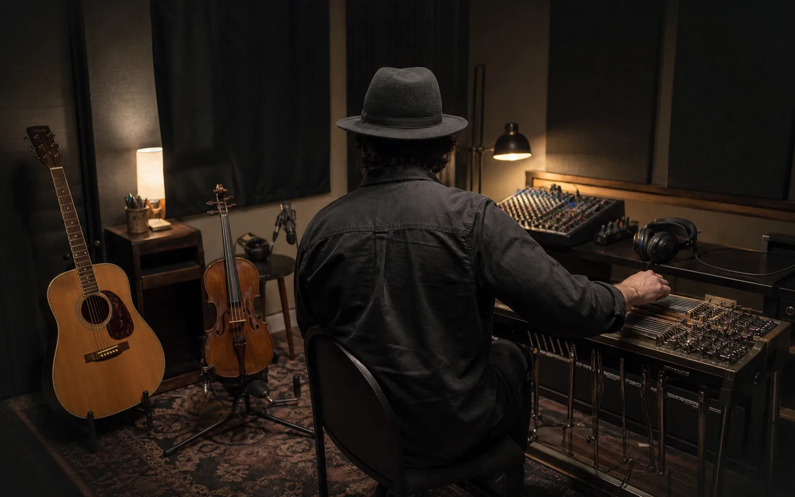 Musiker vergleicht Akustikgitarre, Fiddle und Pedal Steel in einem kleinen Studio
