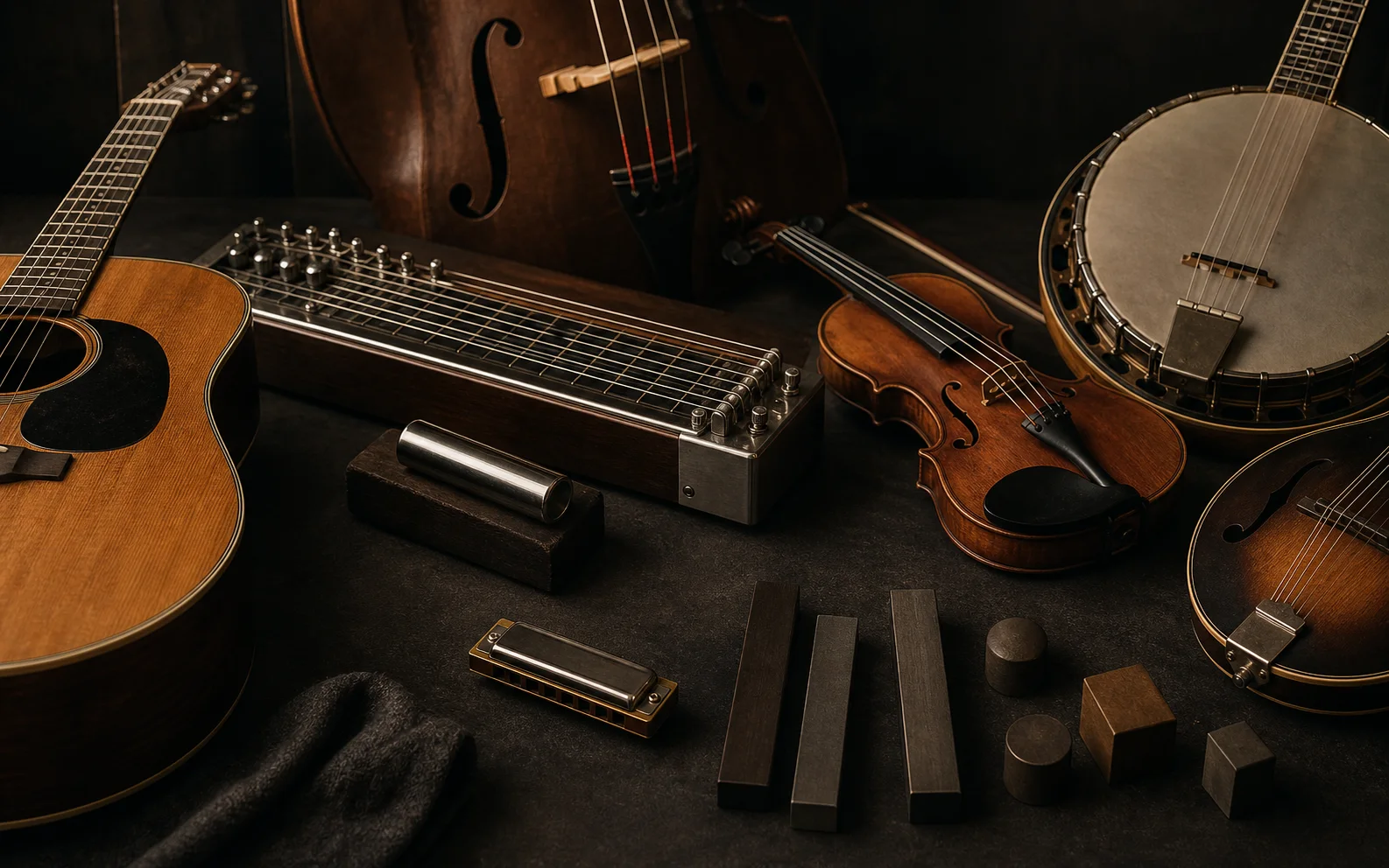 Akustikgitarre, Pedal Steel, Fiddle, Banjo und Rhythmusblöcke als Country-Klangpalette