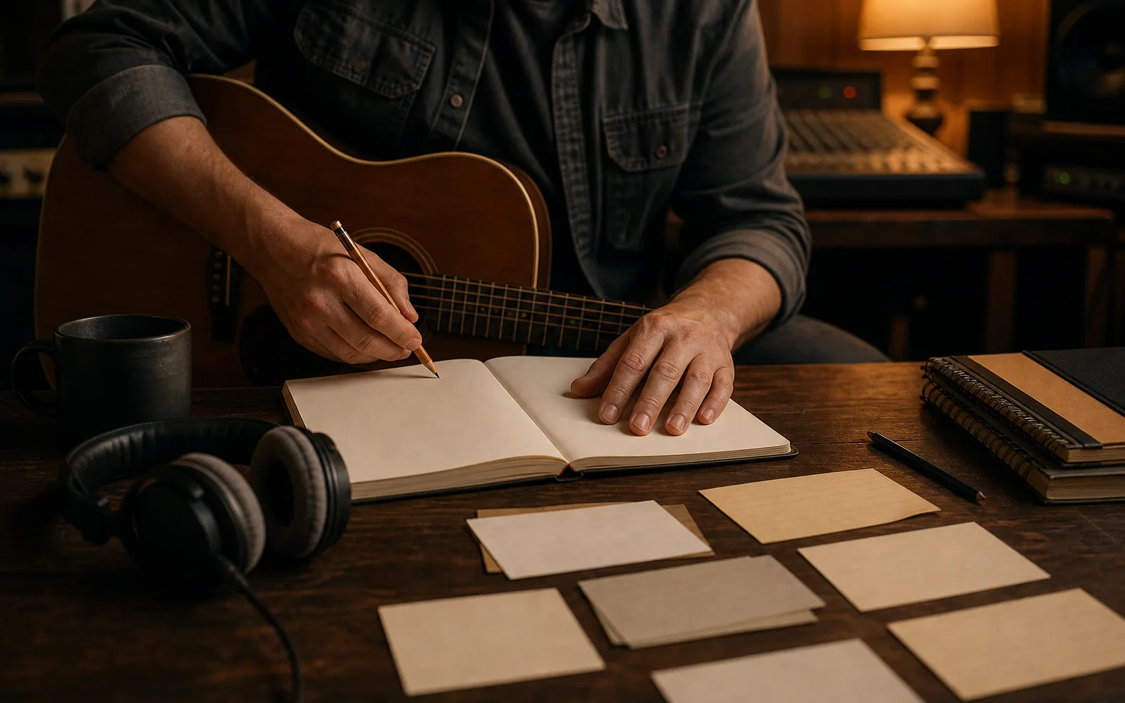 Songwriter überarbeitet Country-Lyrics neben Akustikgitarre und Arrangementskizze