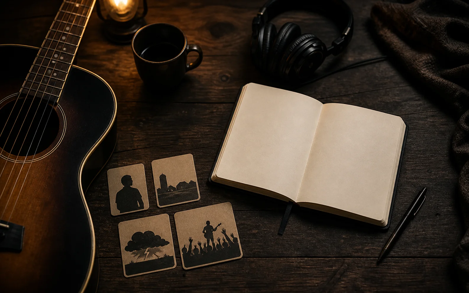 Country-Songwriting-Briefing mit Notizbuch, Akustikgitarre und Karten von der Geschichte zum Song