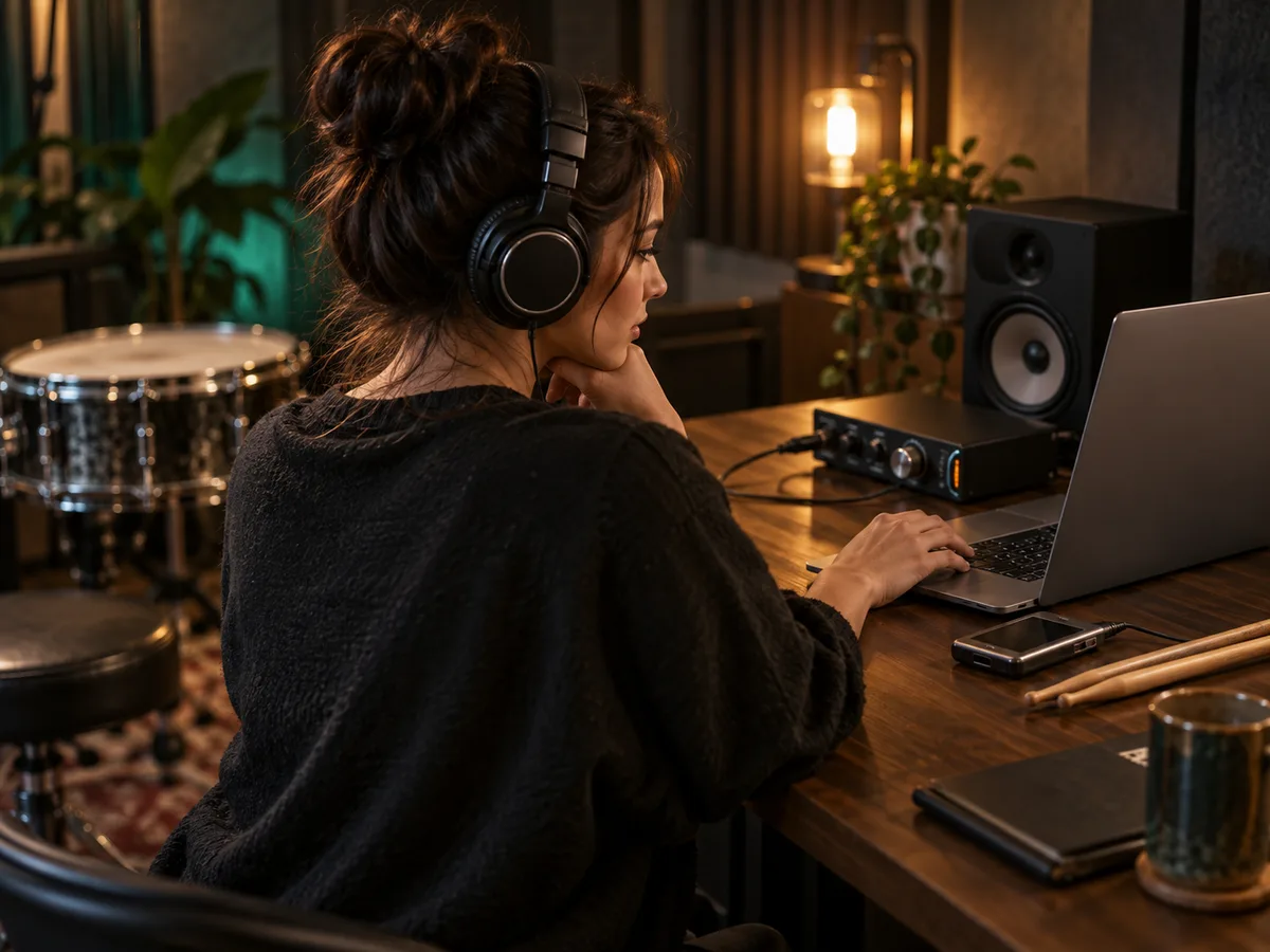 Creator listening on headphones at a laptop beside a snare drum
