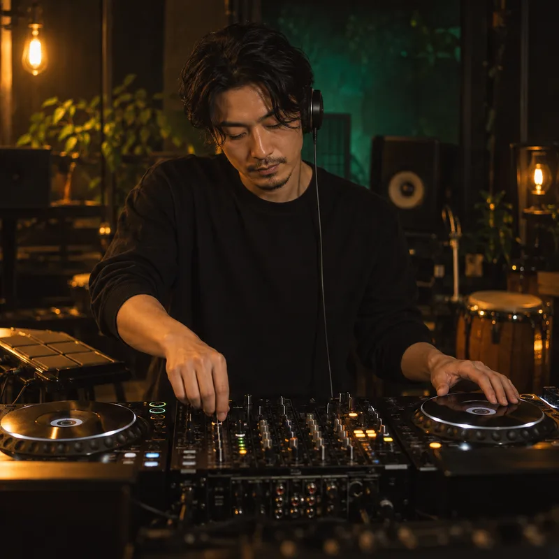 DJ rehearsing with a mixer and decks