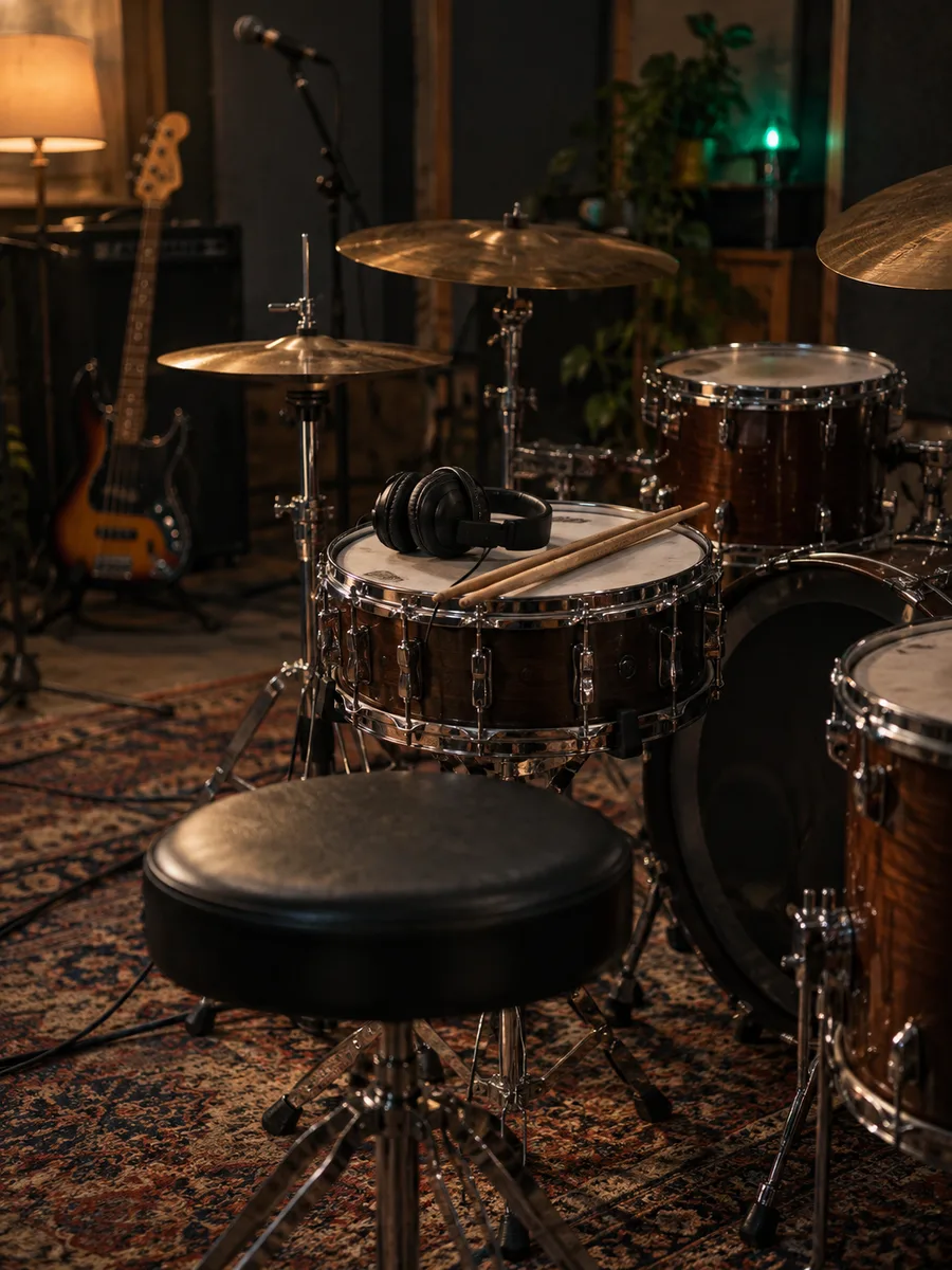 Headphones and drumsticks on a drum kit in a rehearsal studio