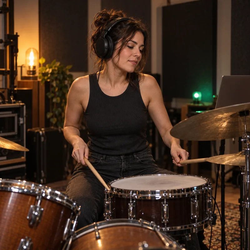 Drummer practicing on an acoustic kit with headphones