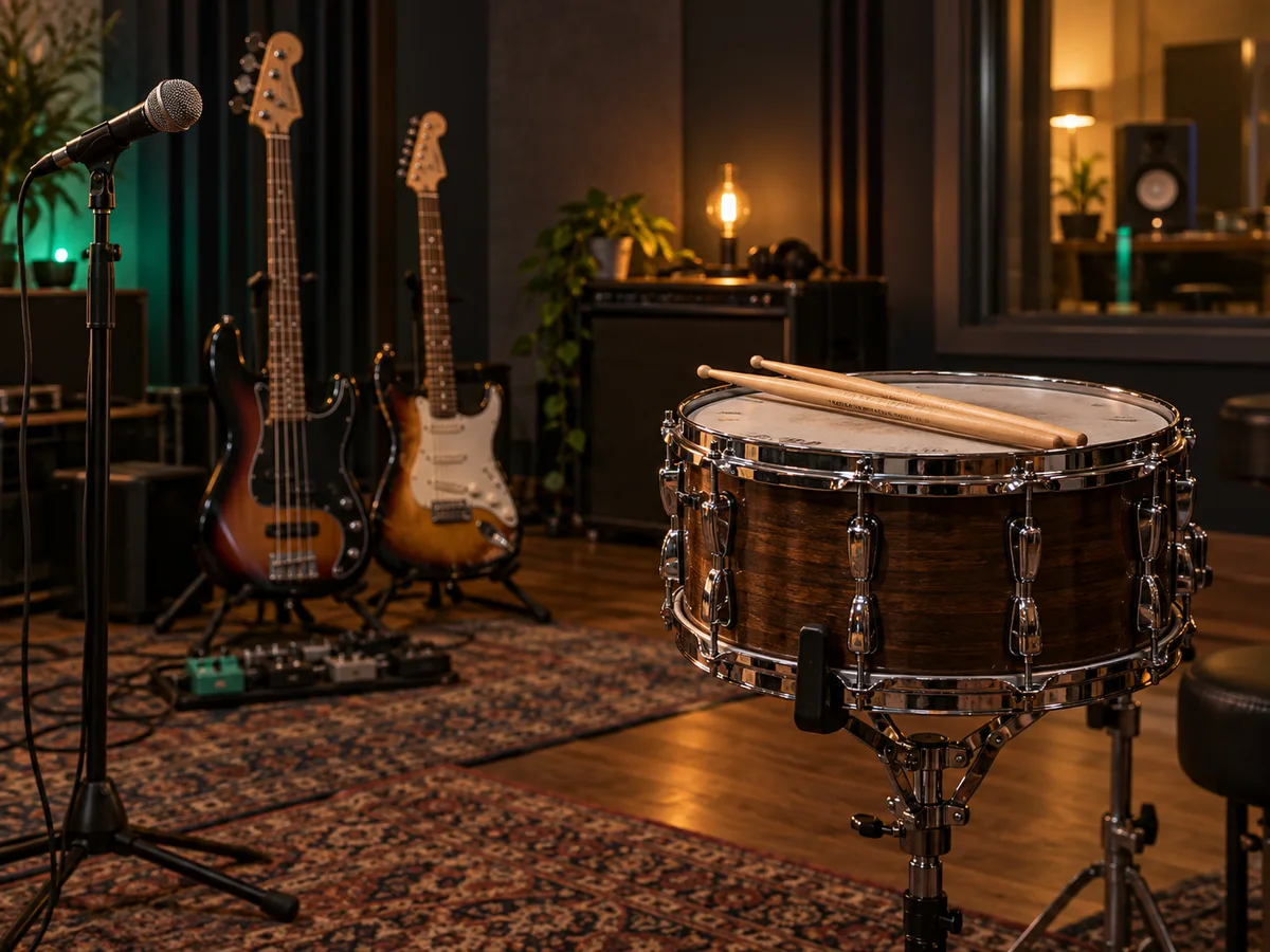 Snare drum placed apart from a microphone, bass and guitar
