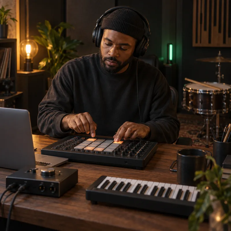 Producer playing a drum pad controller