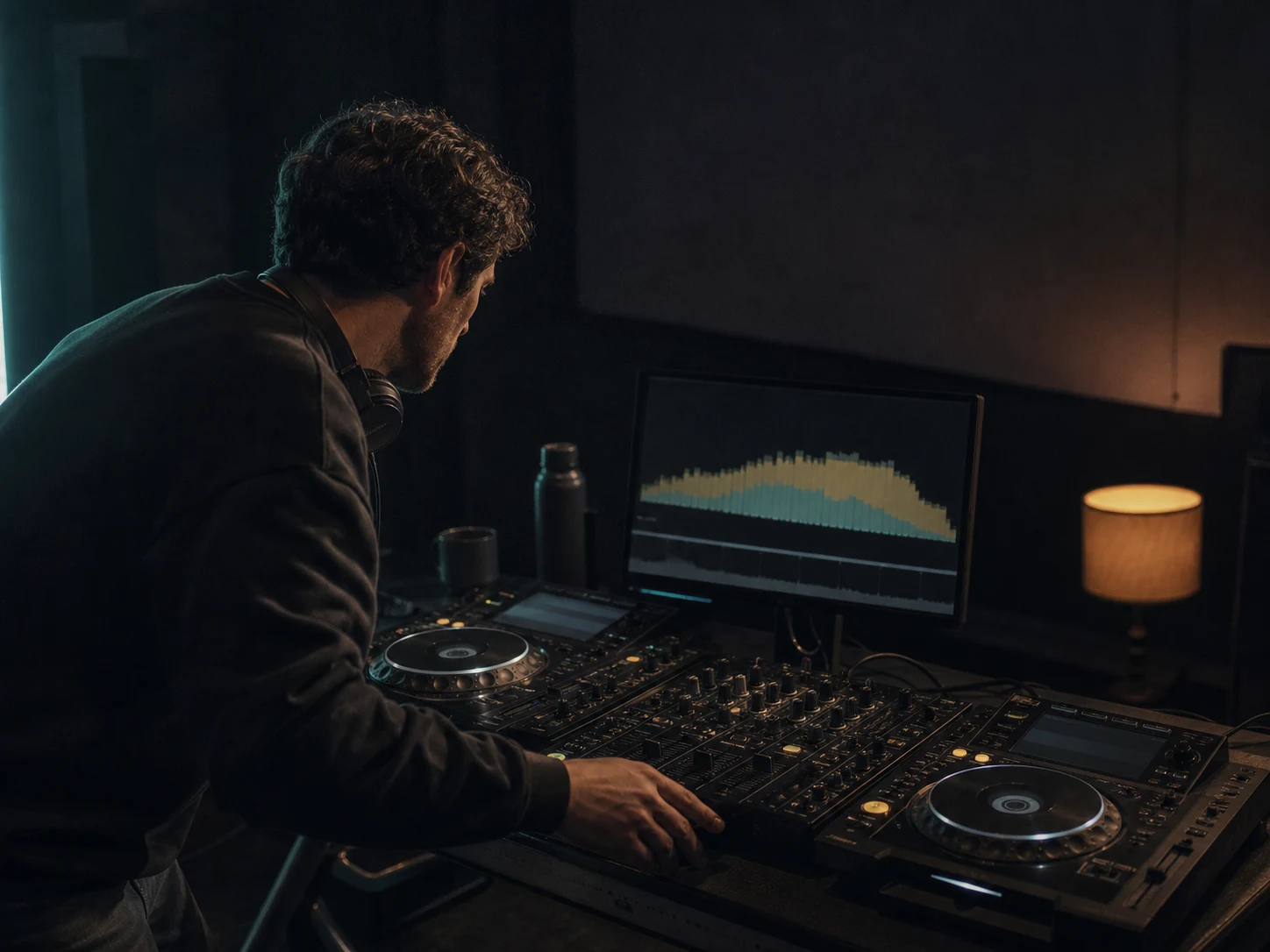 DJ planificando la curva de energía de un set con platos y auriculares