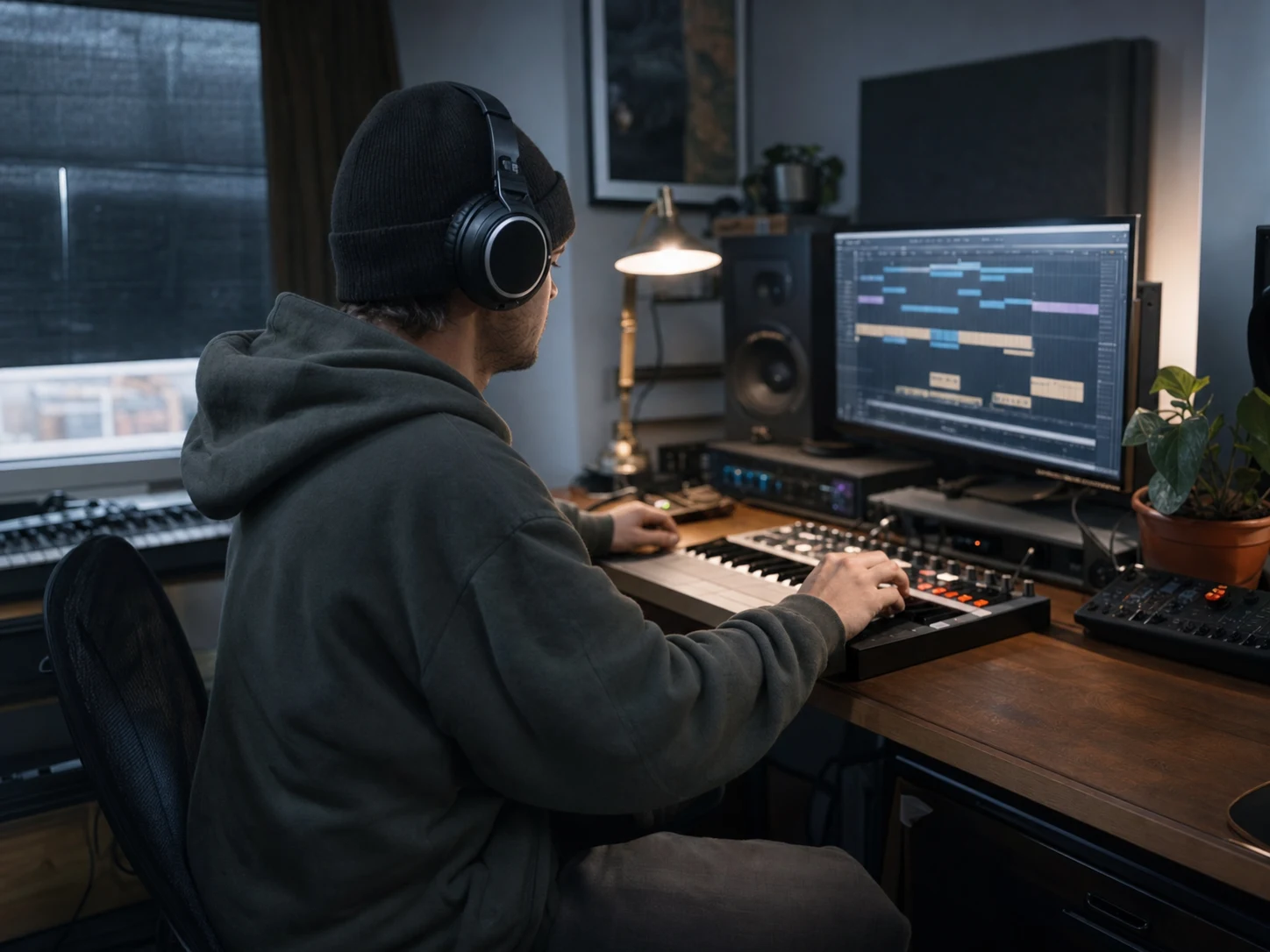 Productor comparando ideas EDM en un pequeño estudio
