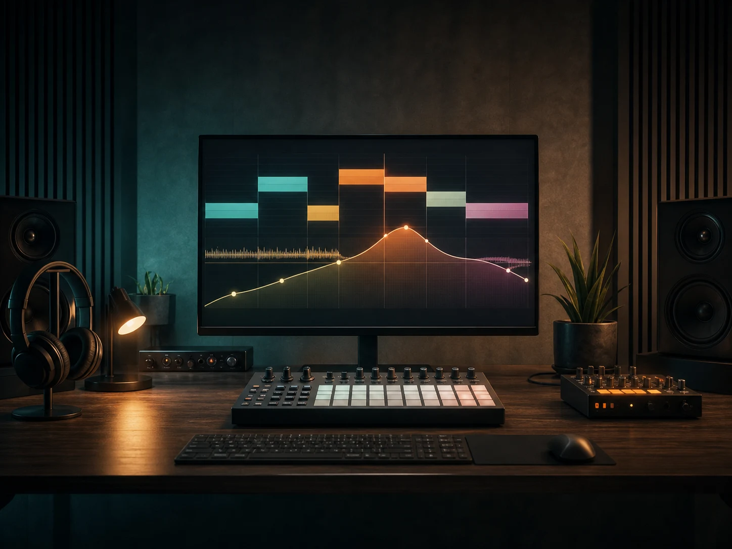 Estudio electrónico oscuro con una curva de build, drop, breakdown y pico final