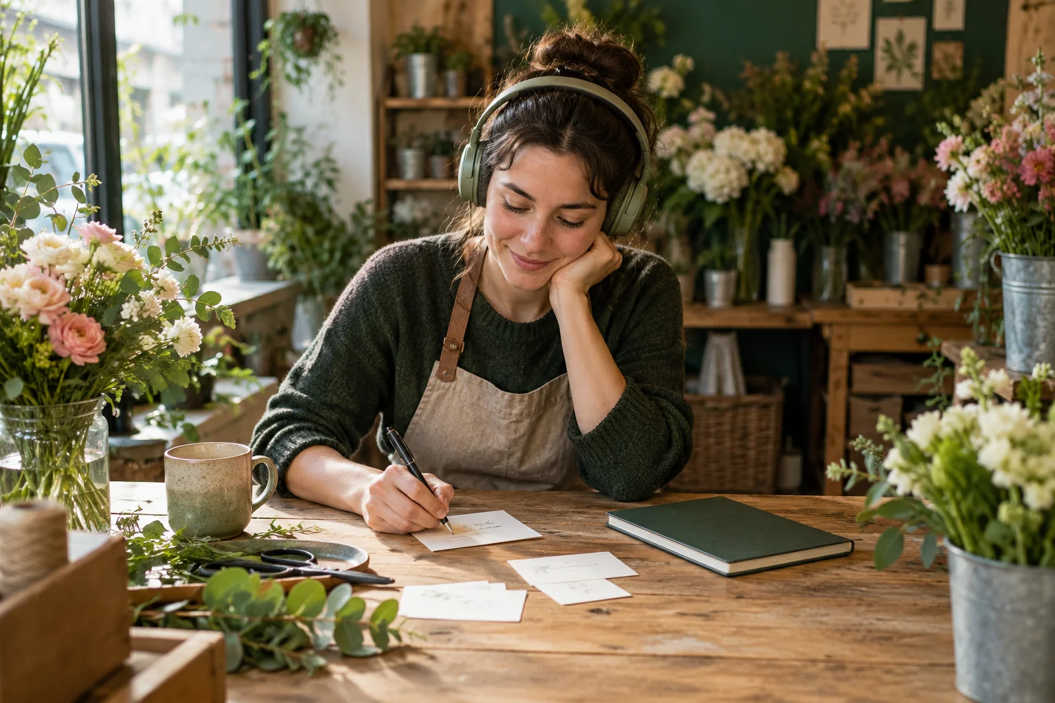 Small business owner selecting one slogan and audience message for a jingle brief