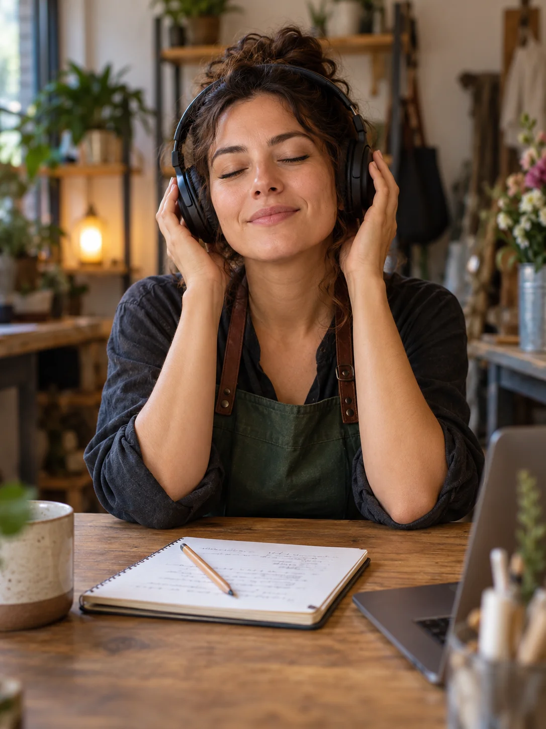 Small business owner reviewing a brand slogan and listening to a musical hook on headphones