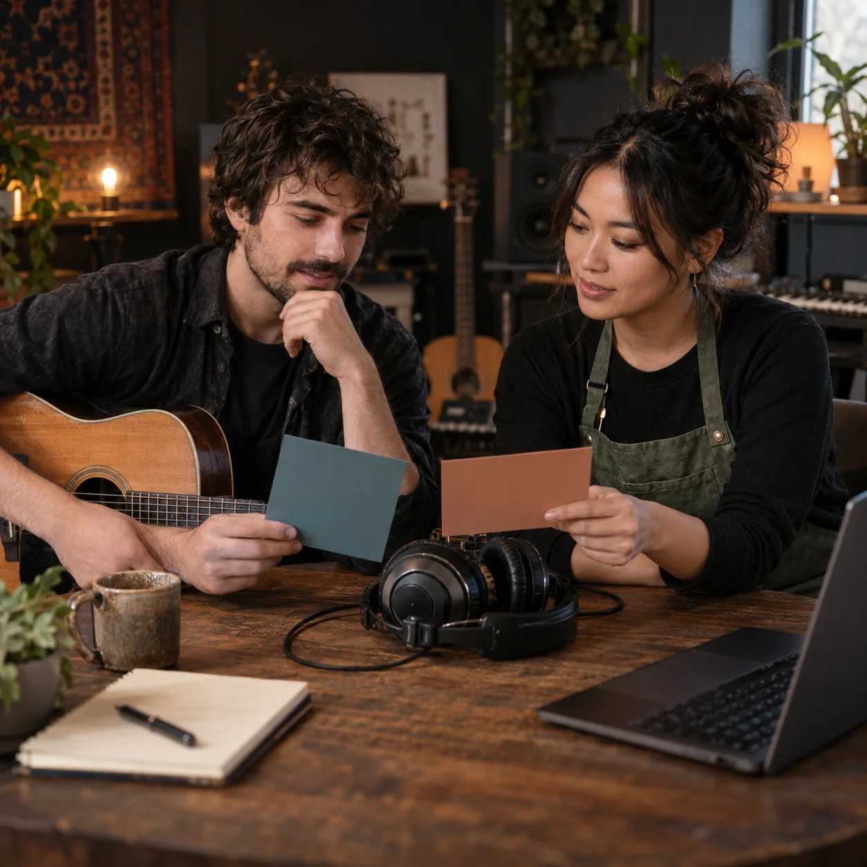 Creative freelancer and small business client reviewing two jingle directions together