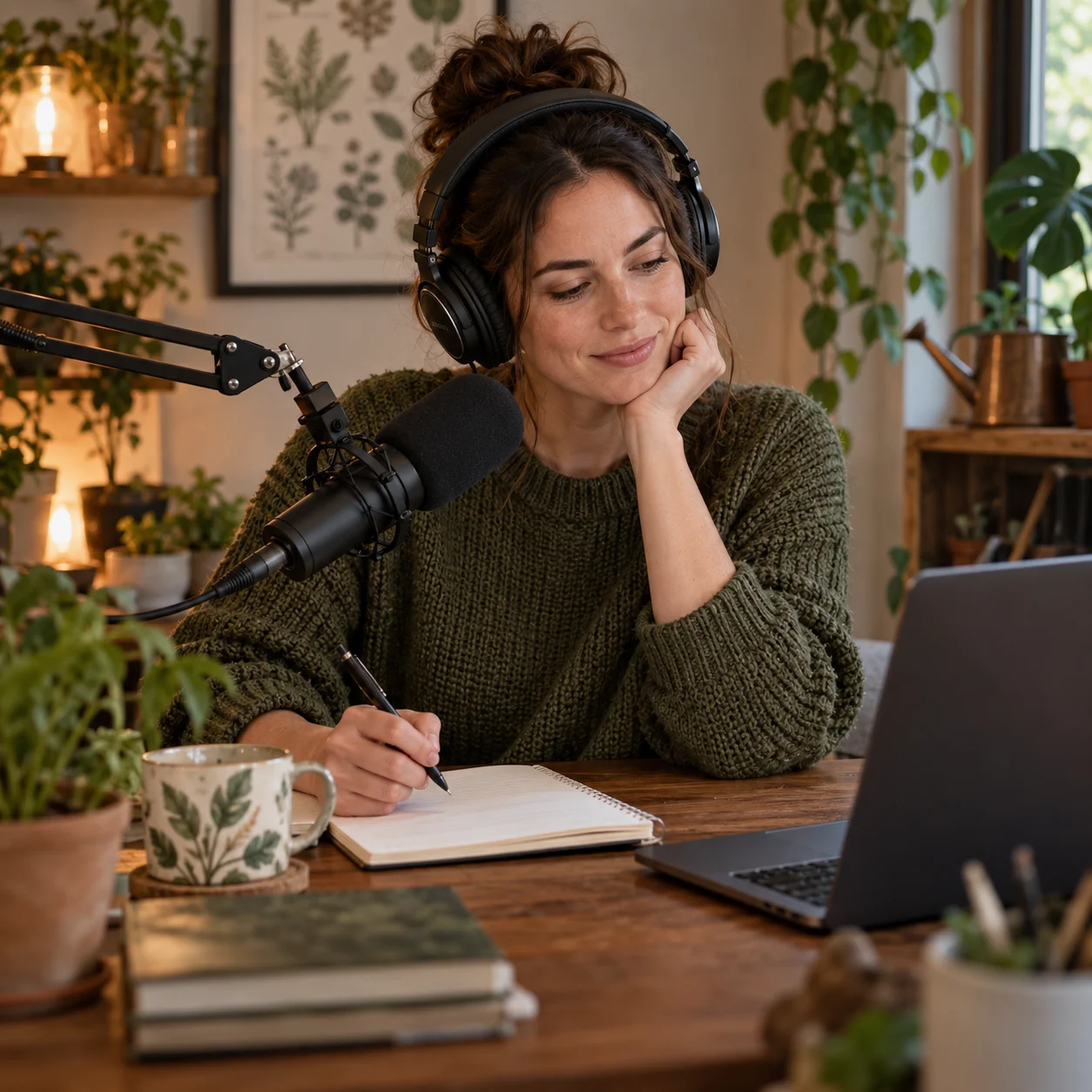 Podcast host listening to an intro cue beside a microphone and show notes