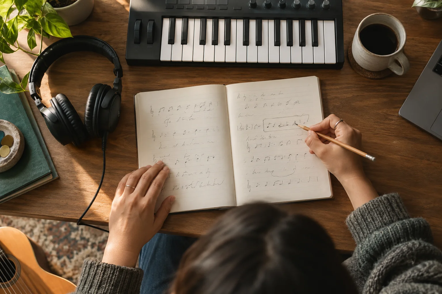Handwritten brand slogan beside headphones and a simple musical hook sketch