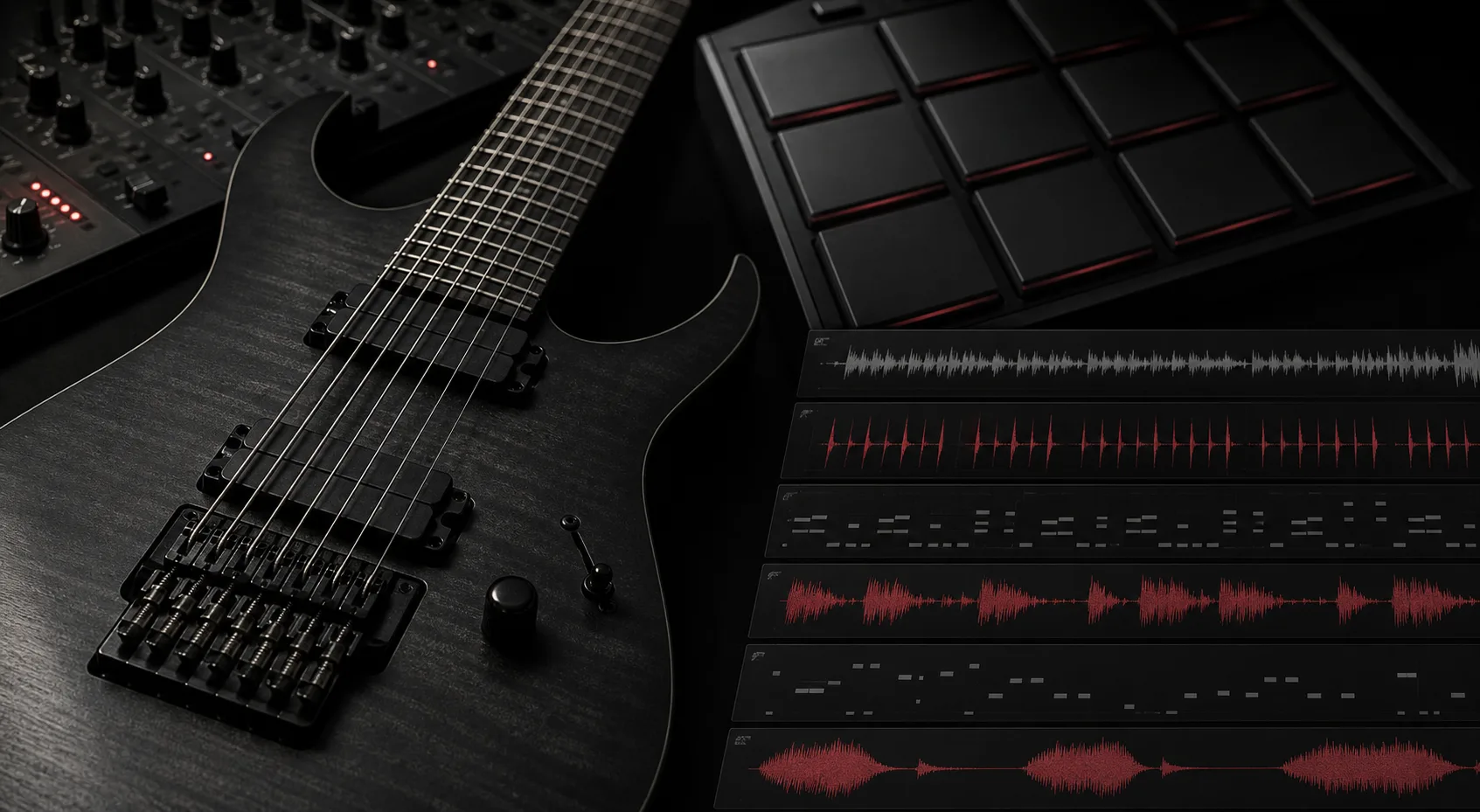 Riffs graves associés à des motifs de double grosse caisse en studio
