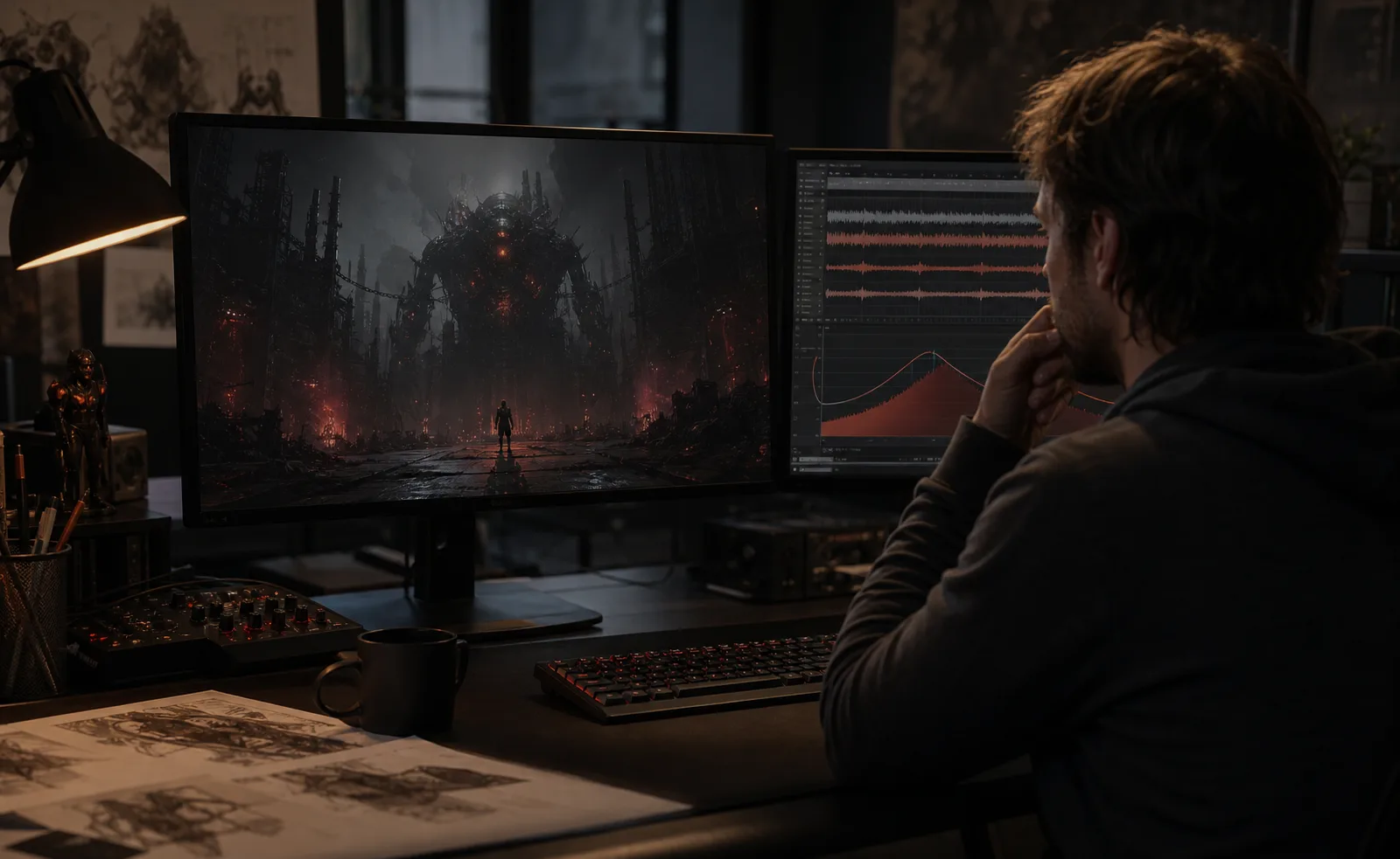 Créateur de jeu examinant une bataille sombre avec guitares et batterie