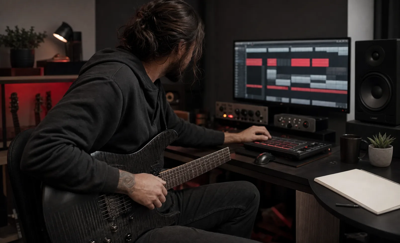 Guitariste comparant un riff grave à la timeline structurée d’un morceau Metal