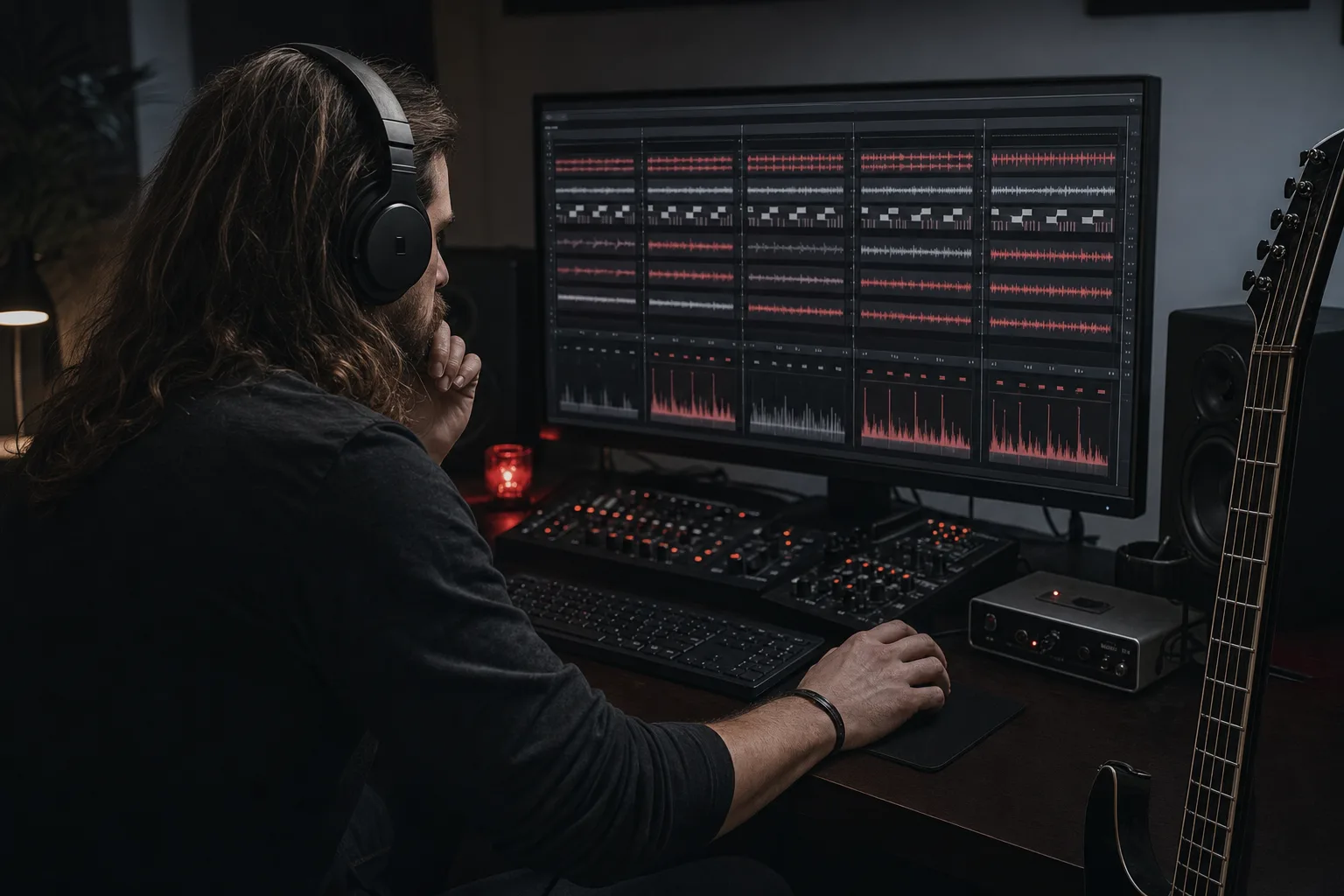 Producteur en home studio explorant plusieurs arrangements Metal originaux