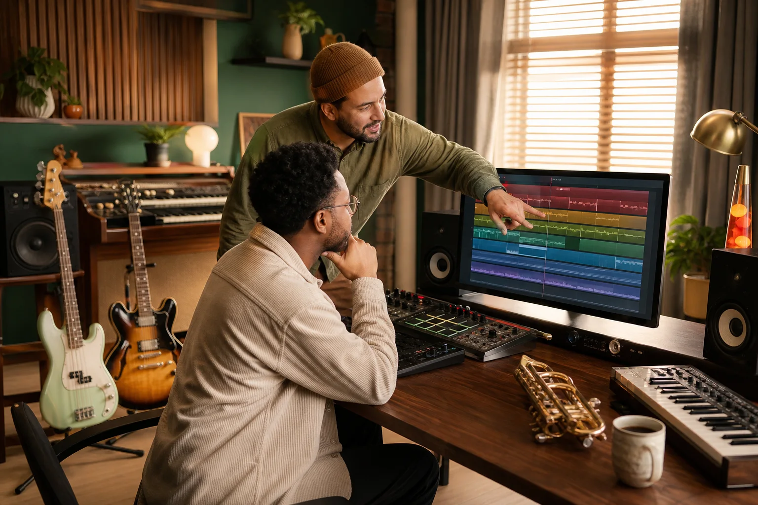 Apprenant étudiant un arrangement reggae avec batterie, basse, guitare, orgue, cuivres et voix