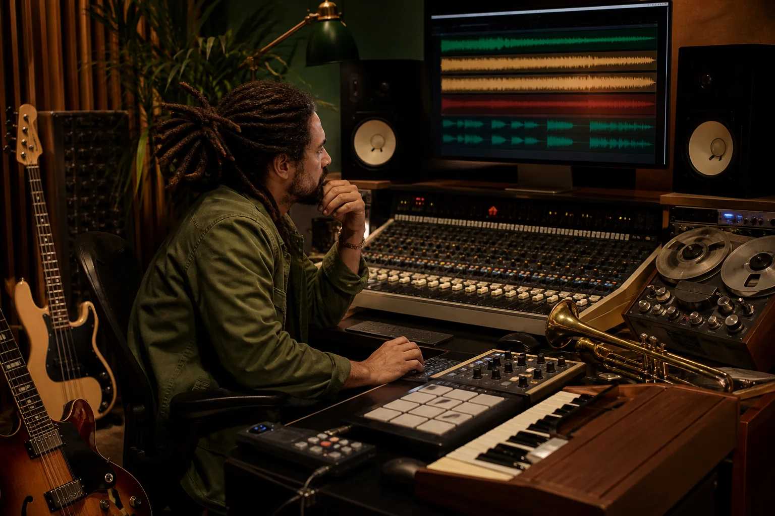Producteur évaluant batterie, basse, guitare, orgue et effets dub reggae