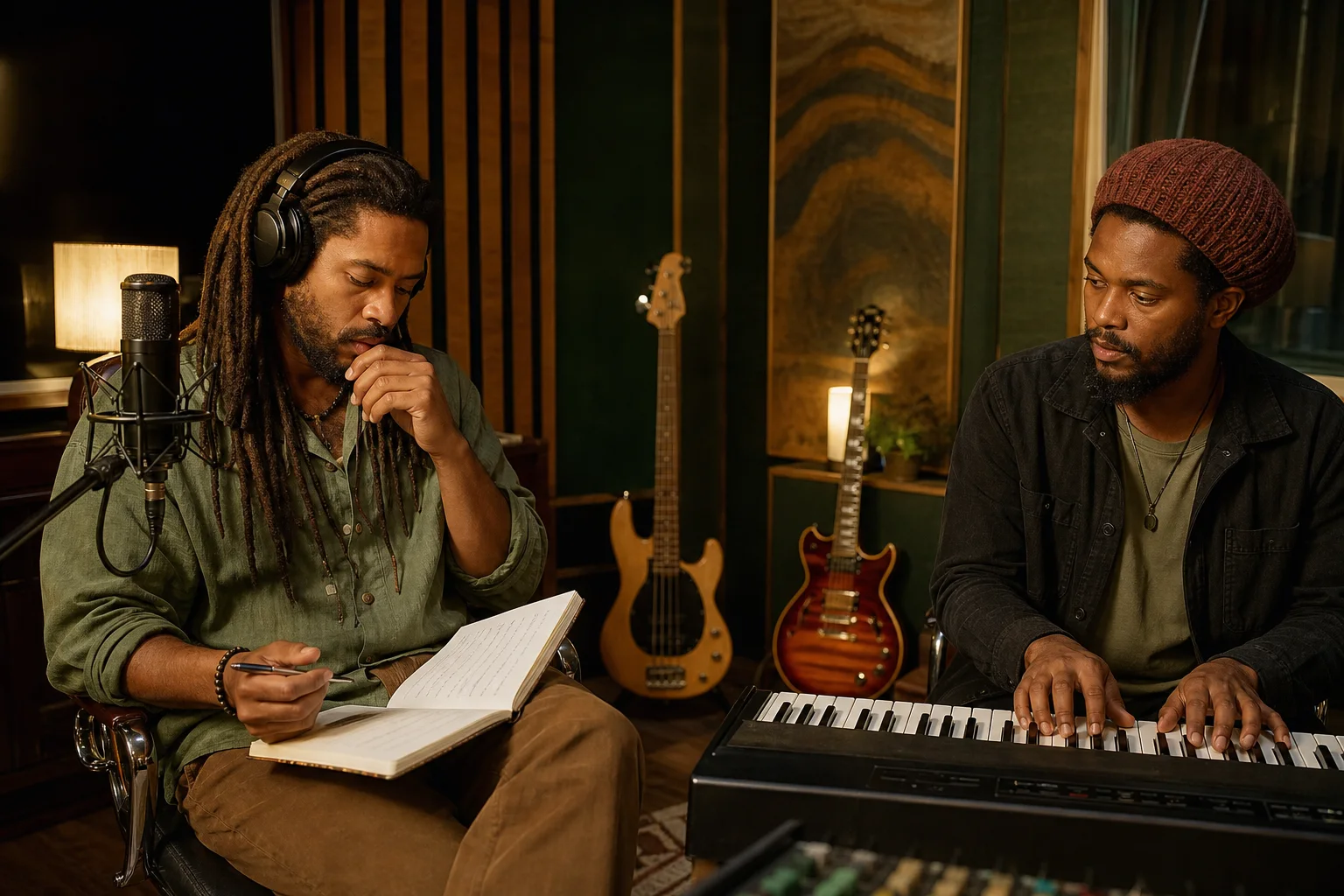 Auteur et chanteur reggae relisant ses propres paroles près d’une basse, guitare et clavier