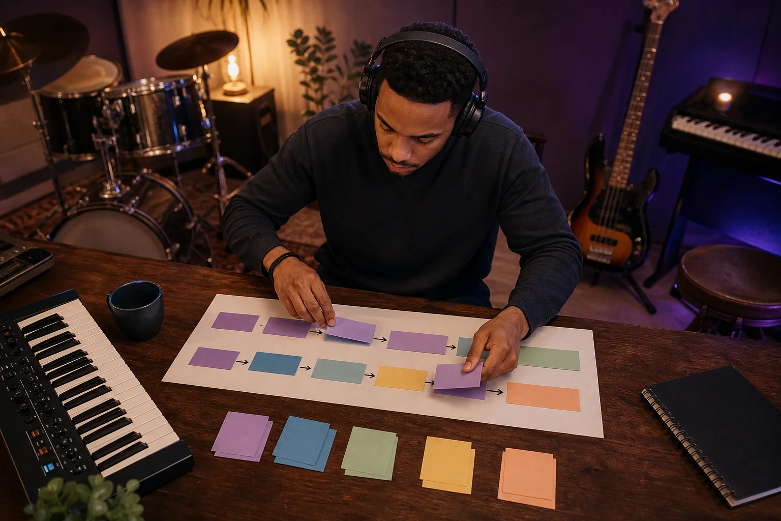 Beginning music creator studying an R&B arrangement with verse, chorus, bridge, vocal, bass, and keyboard layers