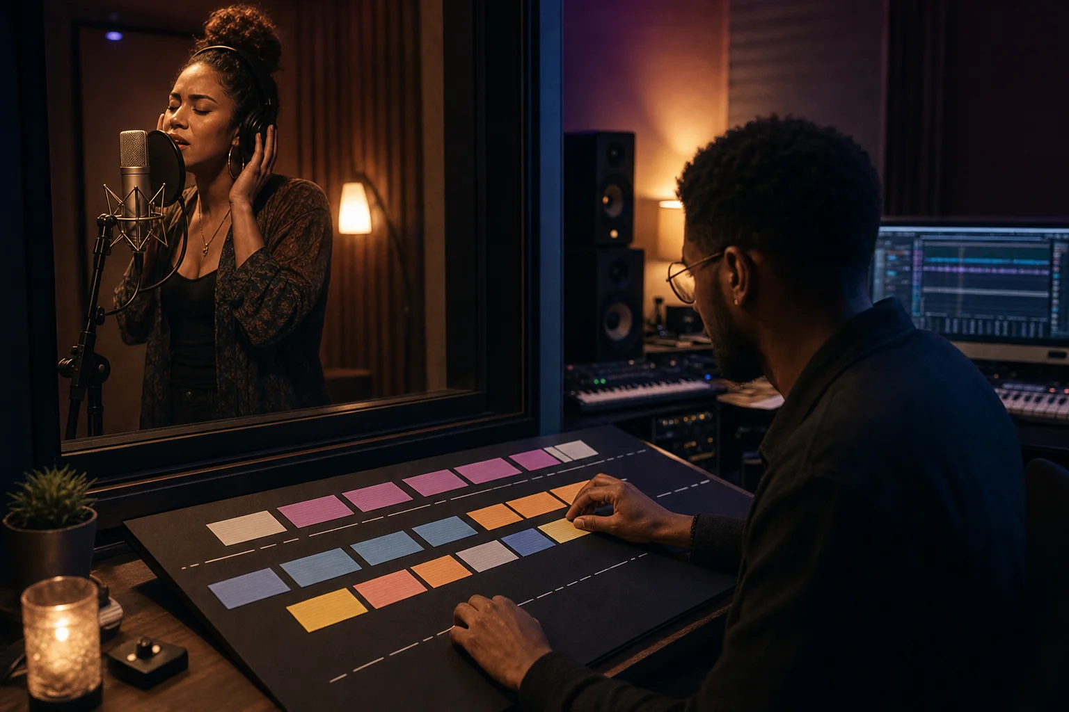 R&B song timeline showing intimate verse vocals, layered chorus harmonies, bridge, and final release