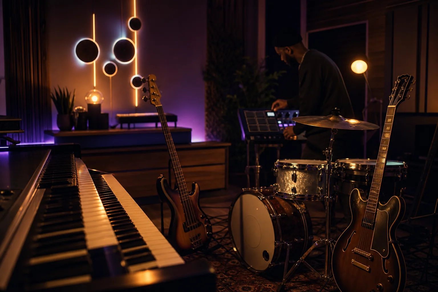 Electric piano, bass, and compact drum setup arranged around an R&B groove and harmony plan