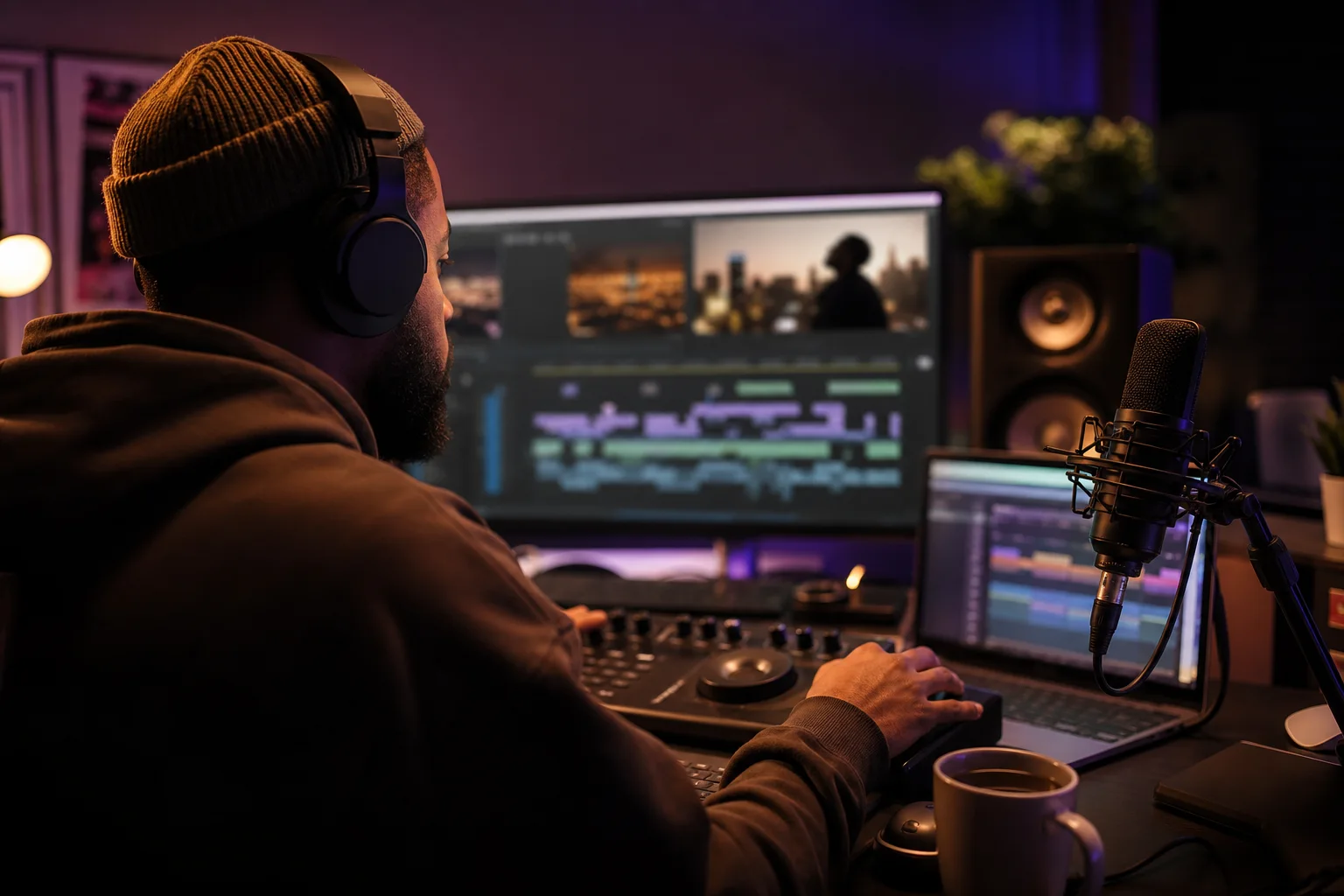Video and podcast creator aligning a warm R&B cue with dialogue and visual scene markers