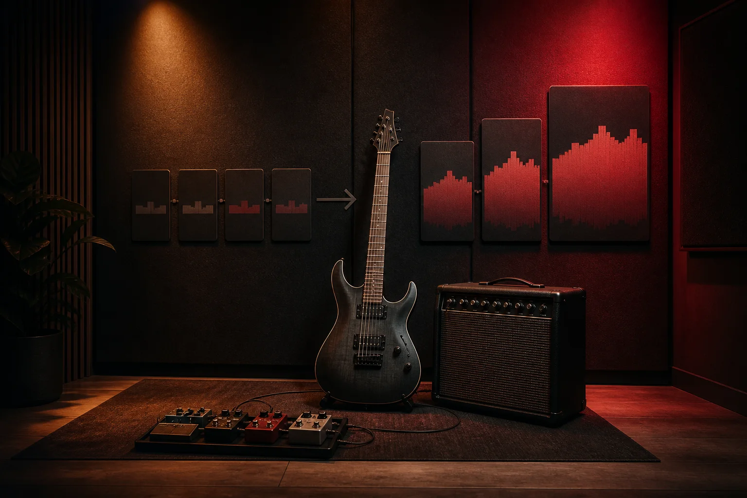 E-Gitarre, Verstärker und Karten mit der Riff-Entwicklung von Strophe zu Refrain