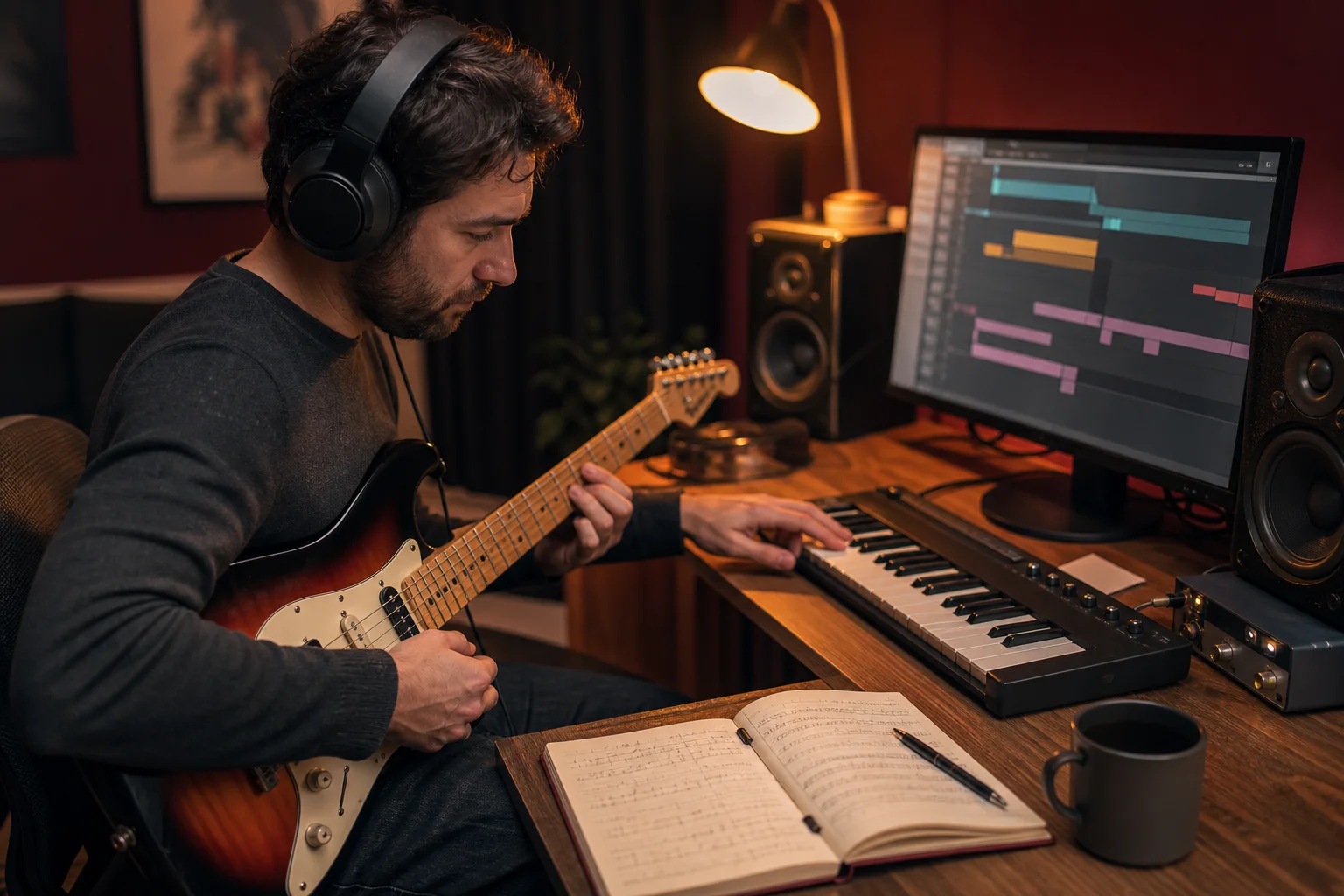 Einsteiger untersucht Rock-Arrangement mit Gitarre, Drums, Bass und Abschnittsmarkern