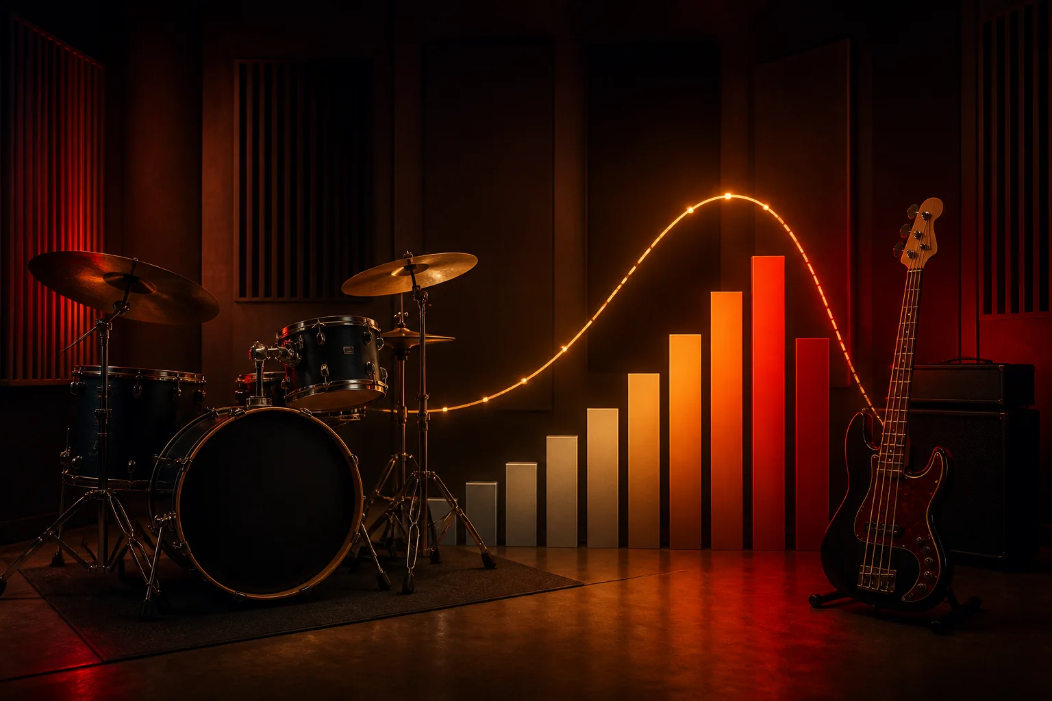Rock-Drums und Bass entlang einer Energiekurve für Strophe, Refrain und Ende