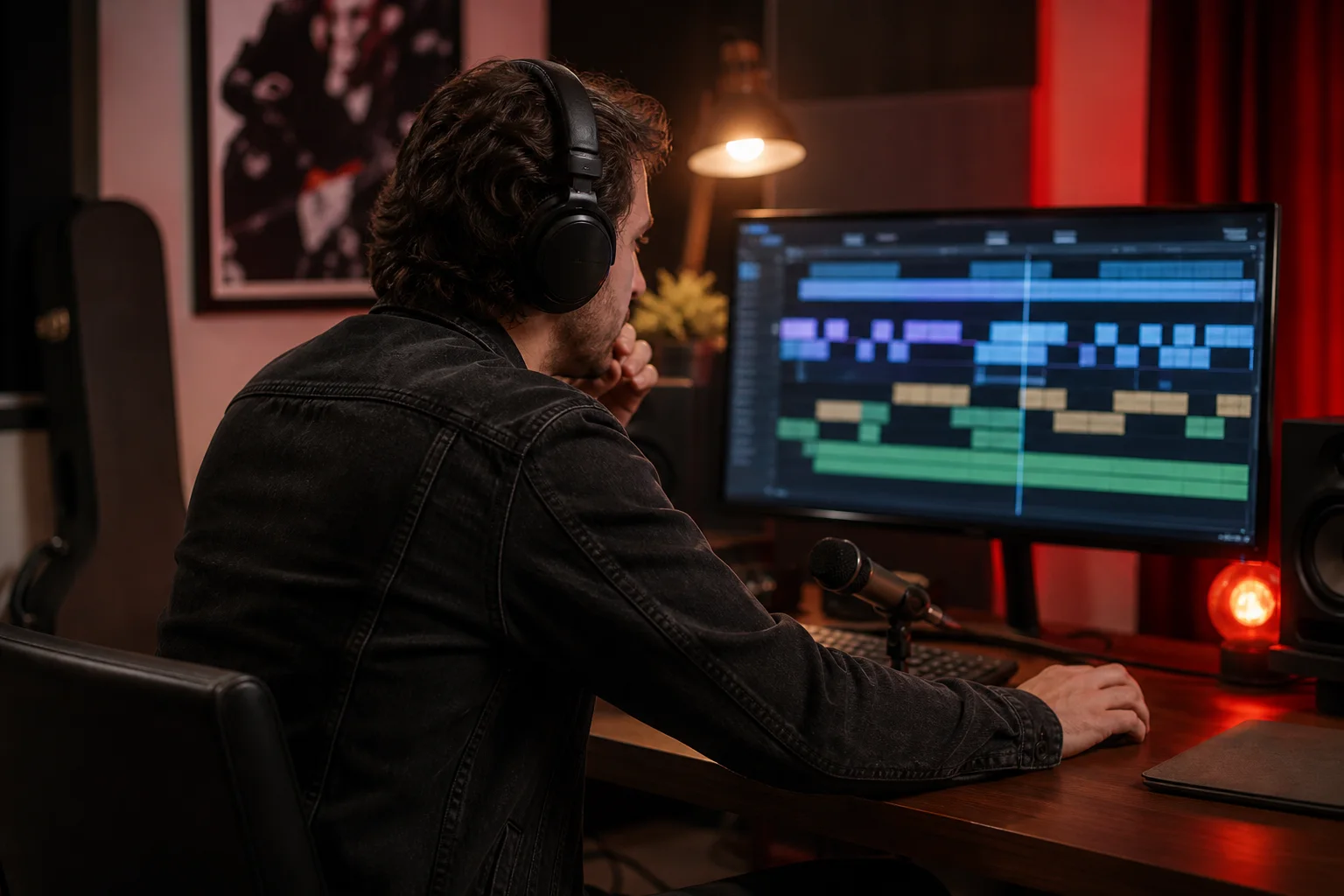 Videoeditor richtet Rockgitarre und Drum-Akzente an einer schnellen Timeline aus