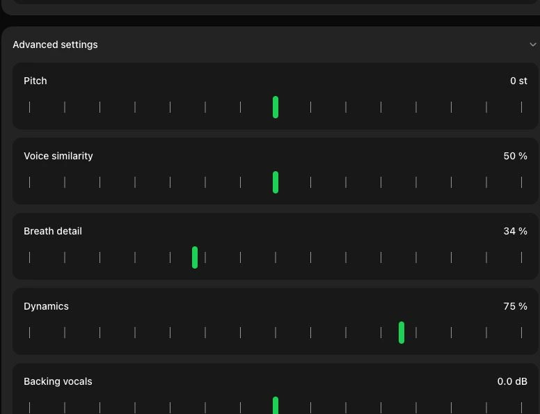 Advanced controls for pitch, voice similarity, breath detail, dynamics, and backing vocals