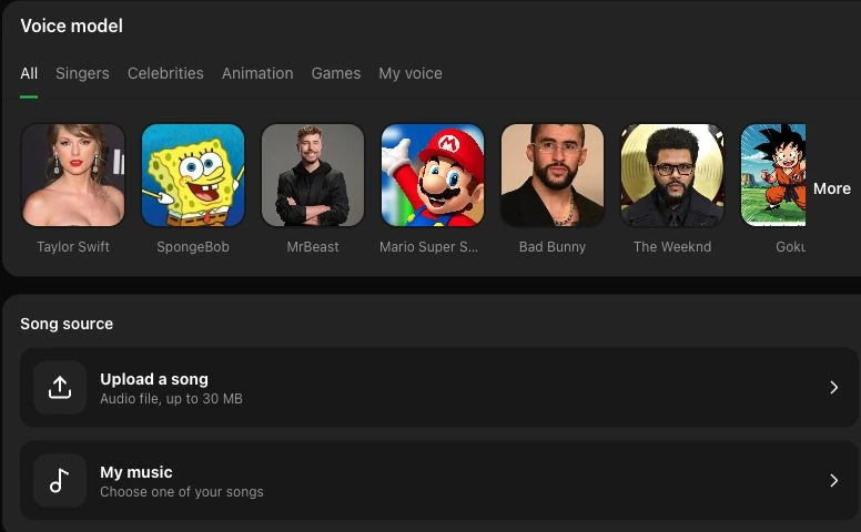 The voice picker and song source controls in the cover tool