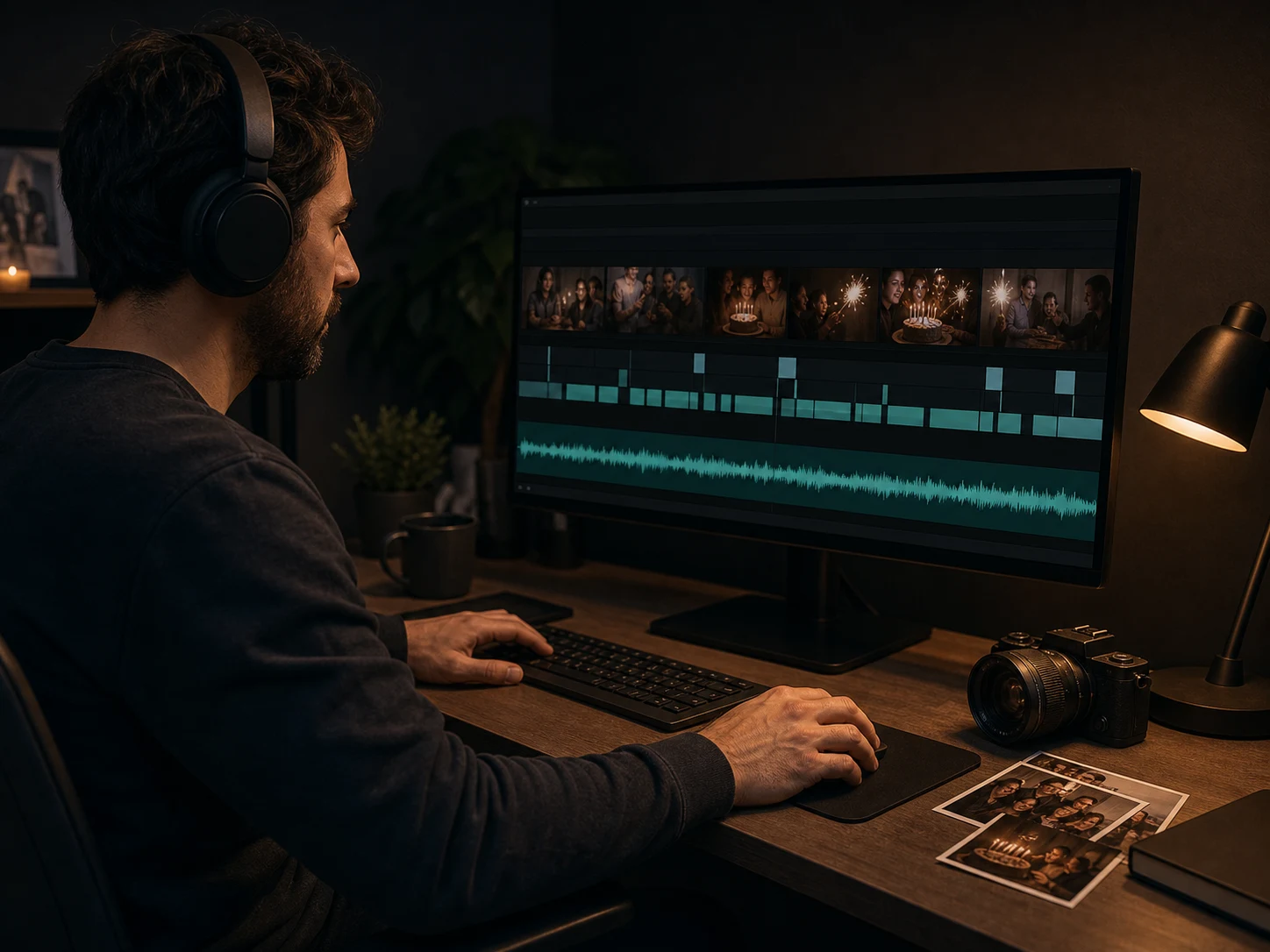 Video creator editing a birthday montage with an original music track on the timeline