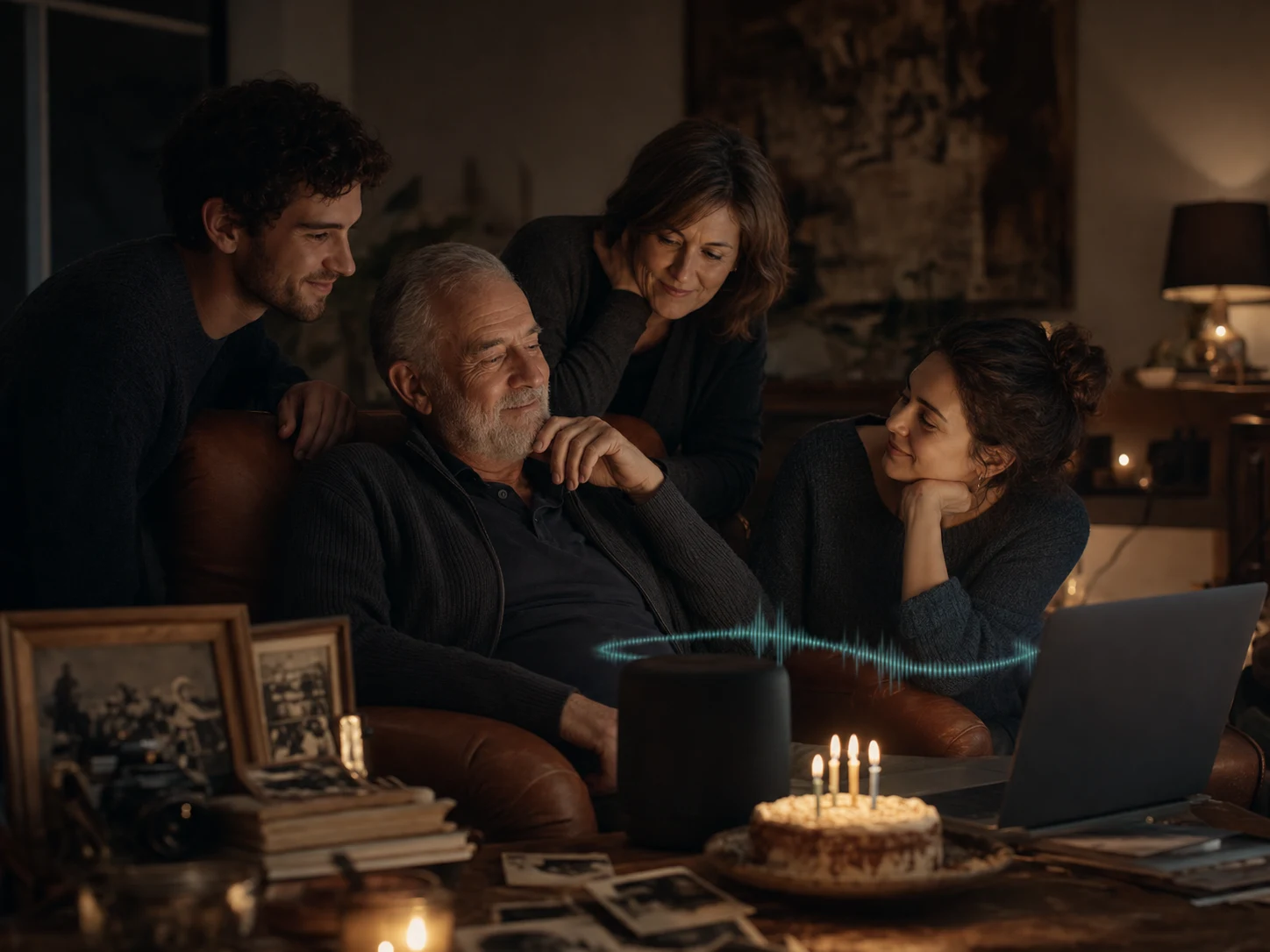 Family listening together to a milestone birthday tribute in a warm home setting