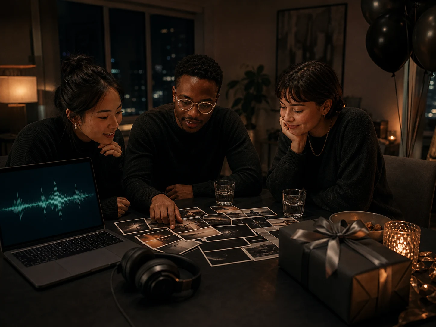 Friends preparing a surprise birthday song around a table with photos and party decorations