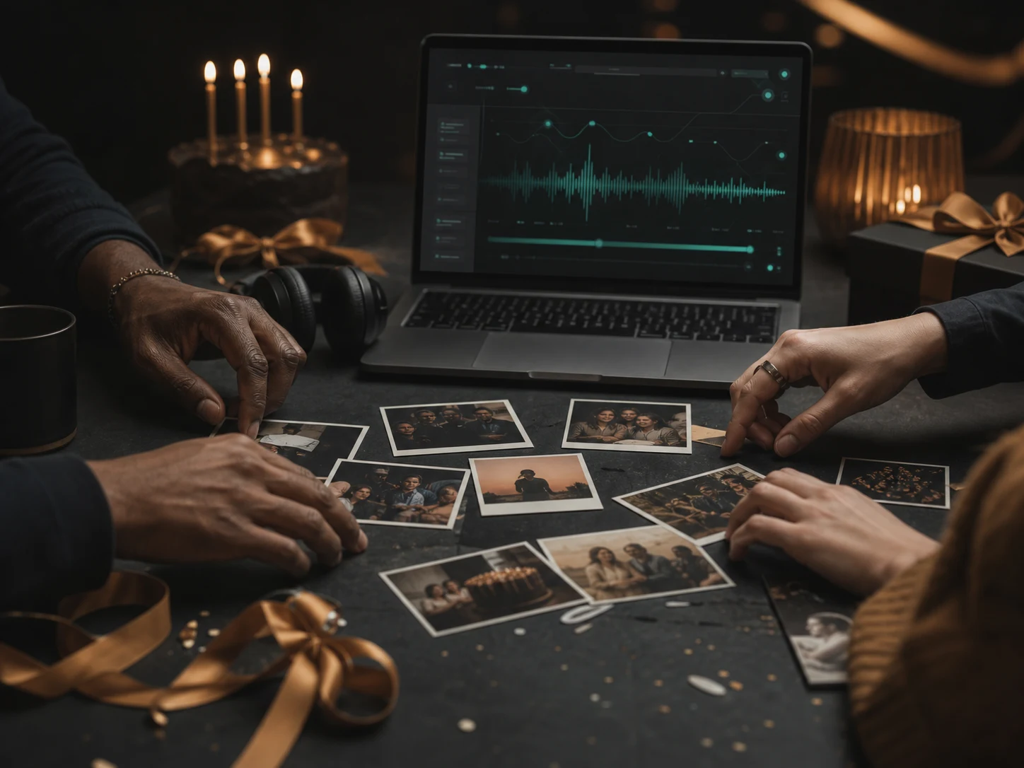 Friends shaping a personalized birthday music prompt from photos and shared memories