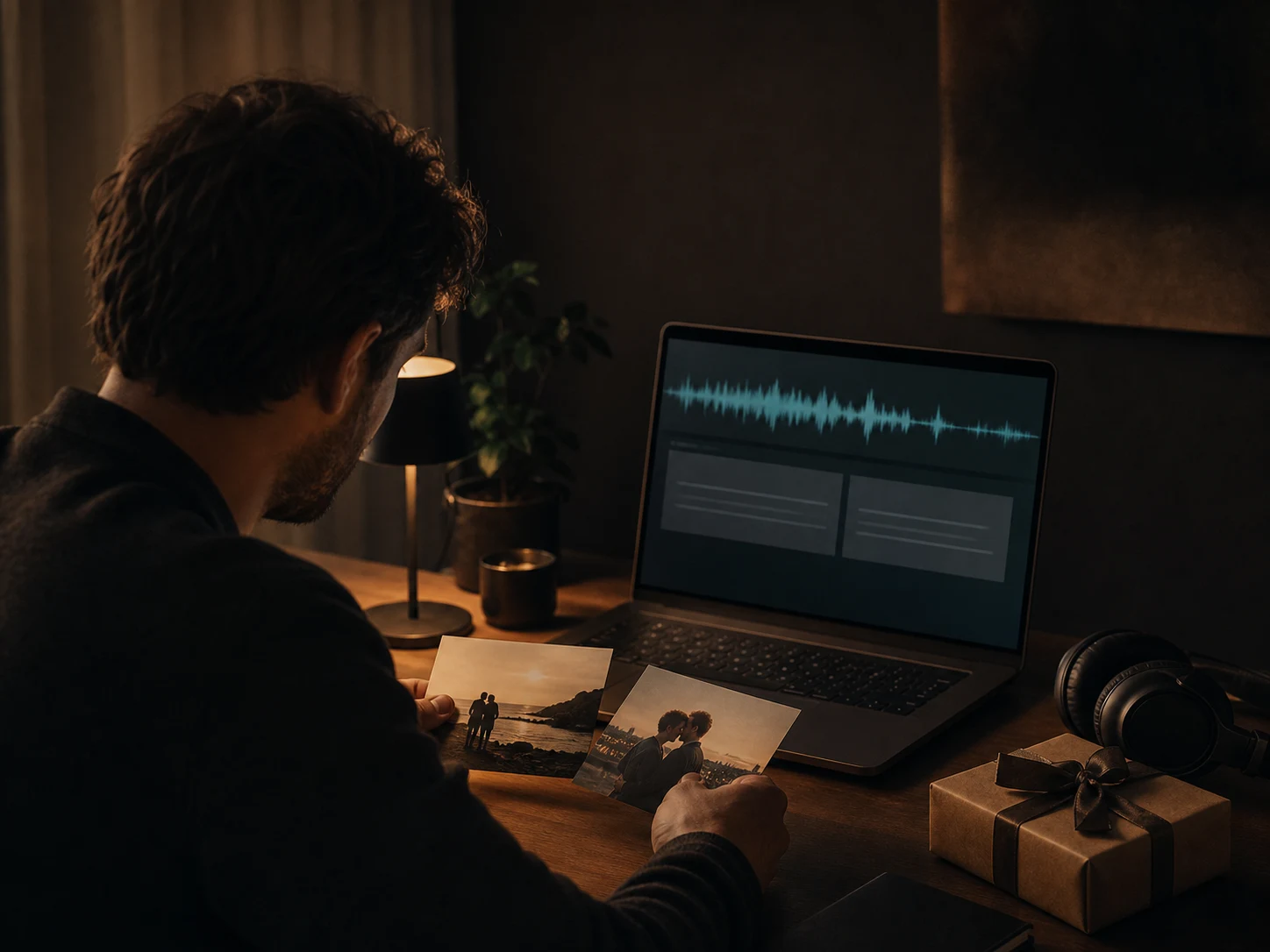 Partner preparing a personal birthday music gift with shared photographs and headphones