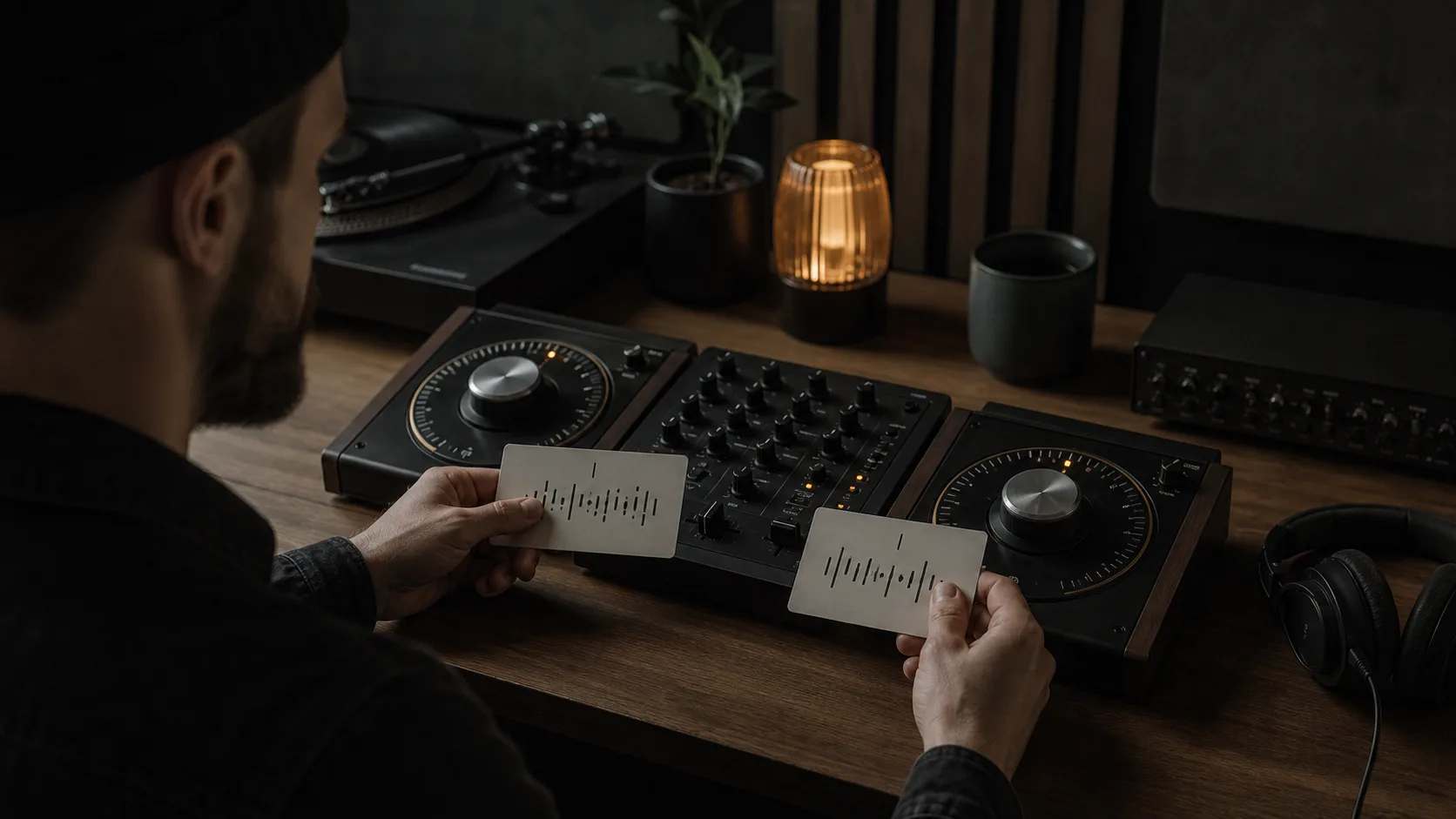 DJ comparing song tempos before a transition