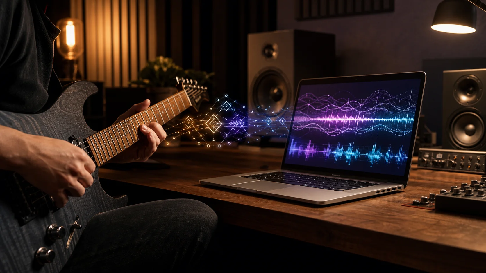 Muzikant vergelijkt een gitaar met kleurrijke audiogolfvormen in een studio