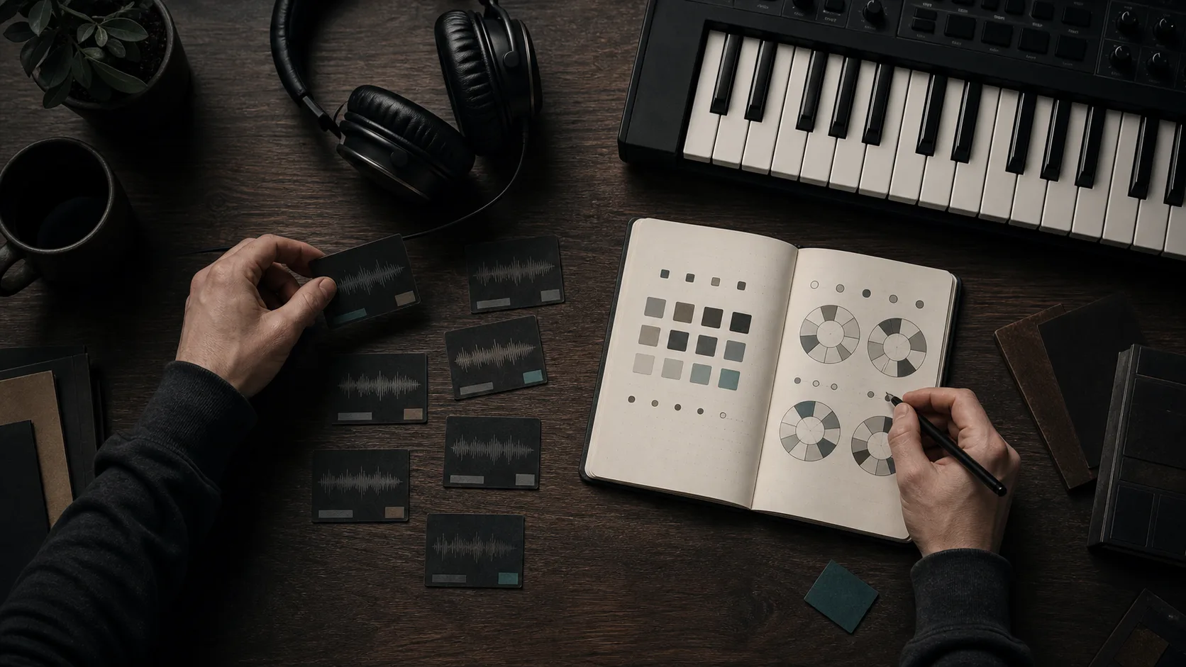 Productor usando tonalidad y tempo para notas de arreglo