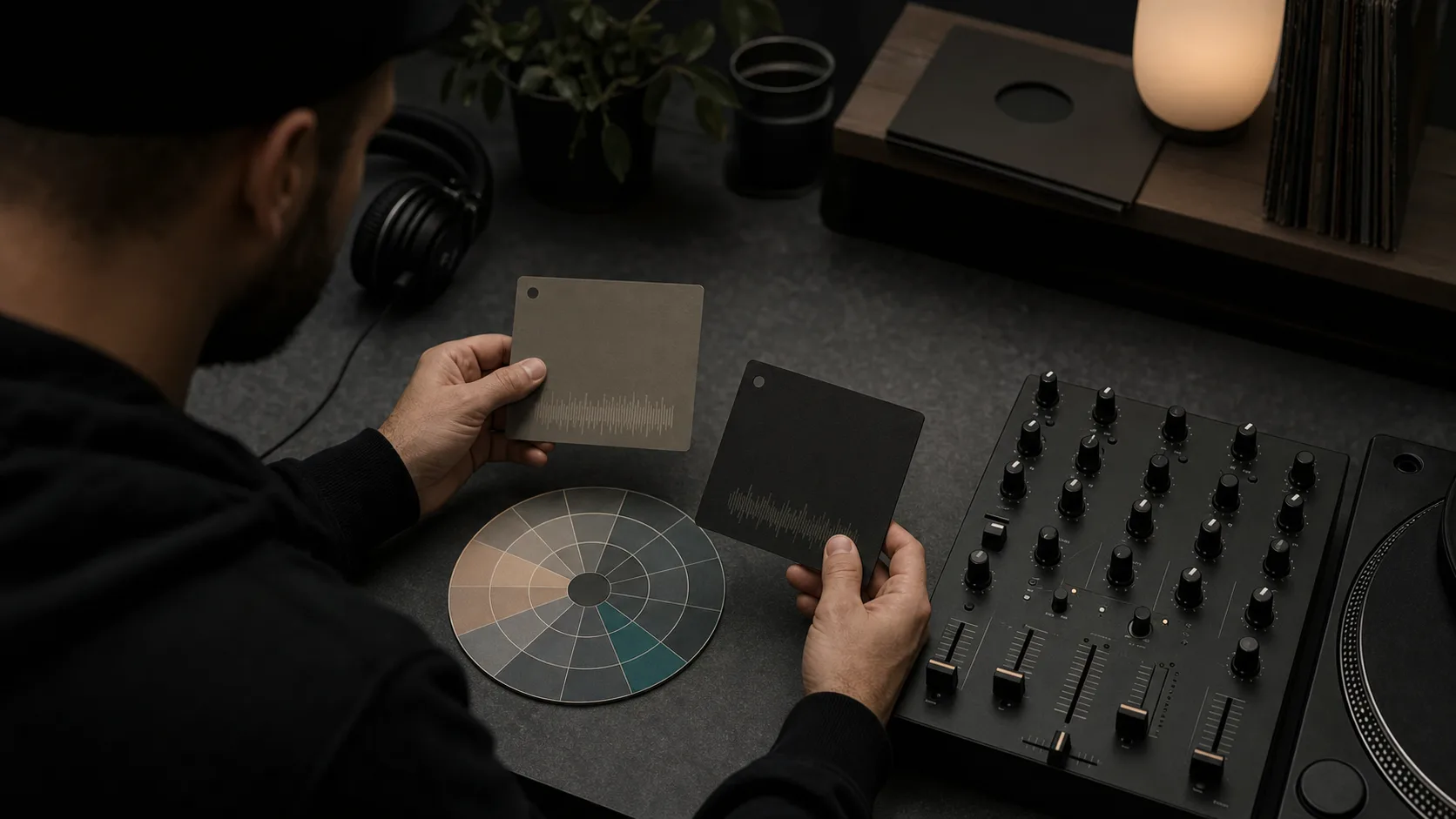 DJ preparando mezcla armonica con datos de tonalidad y BPM