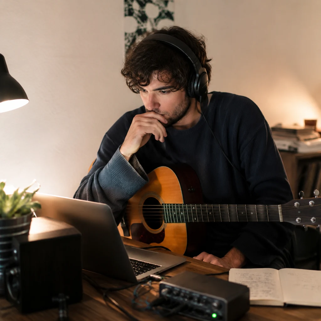 Musicien indépendant préparant une version lo-fi d'une piste