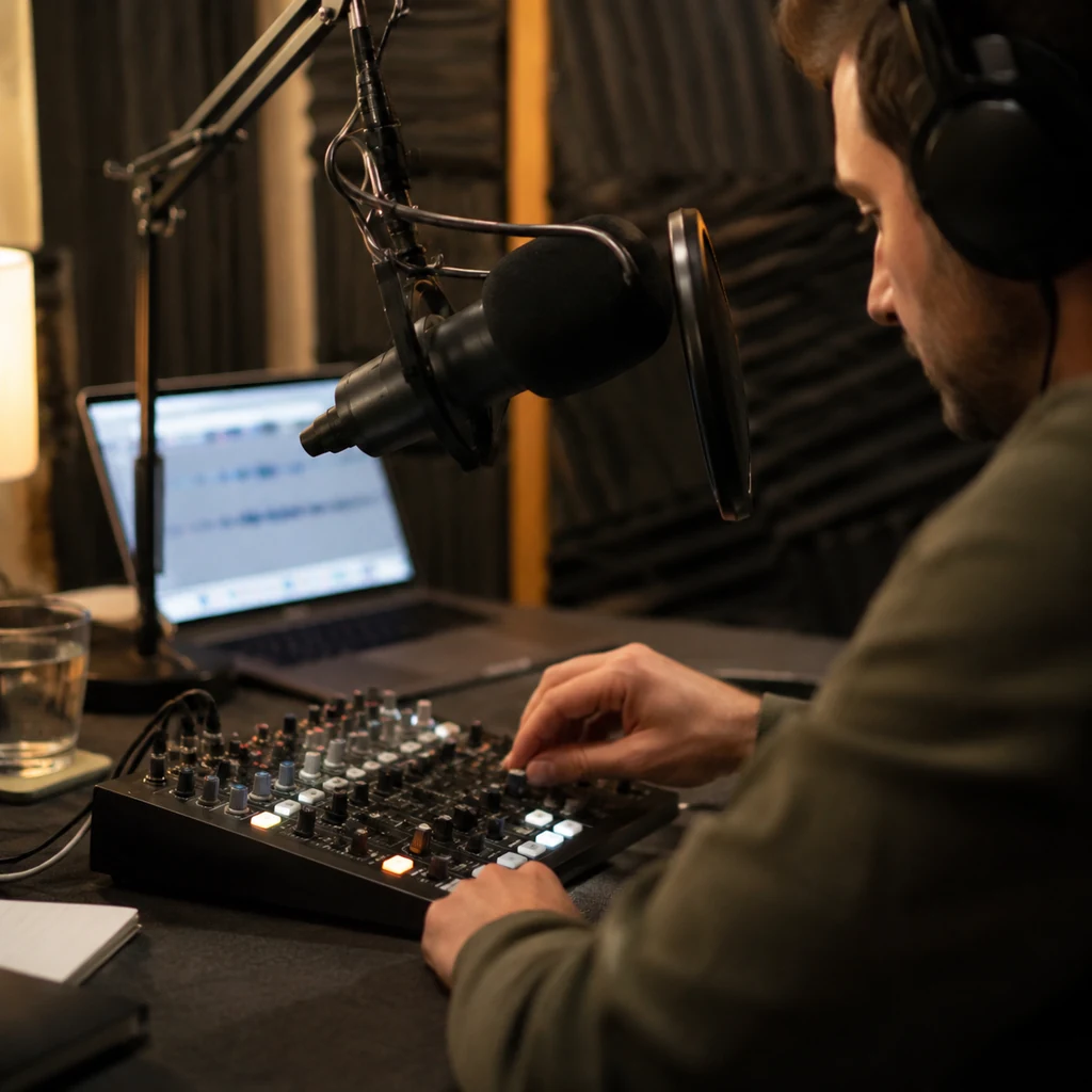Producteur de podcast travaillant un audio lo-fi chaleureux