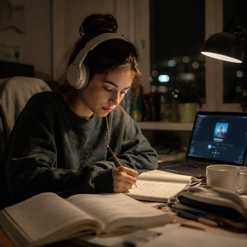Étudiant écoutant un audio lo-fi doux en travaillant