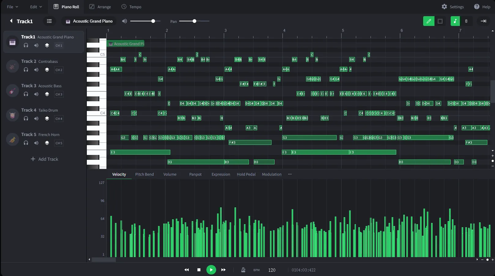 AI MIDI editor interface showing multiple instrument tracks and piano roll notes