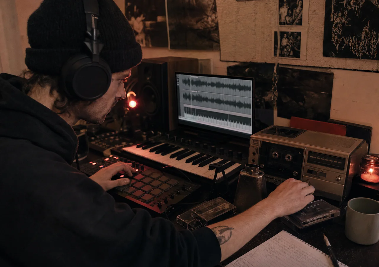 Producteur amateur explorant pads, cowbells et couches de basse